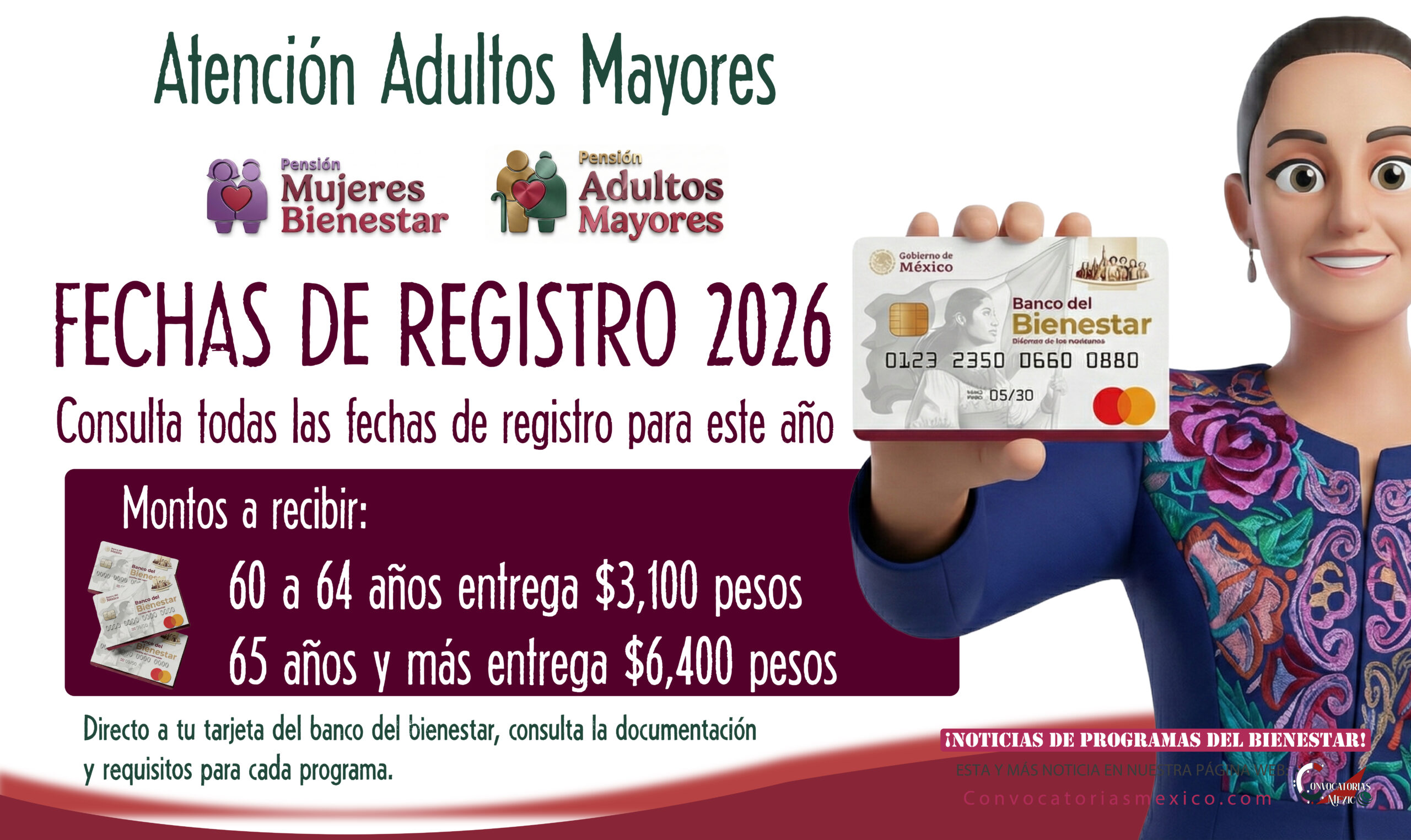 ¡Proximas fechas de registro! Mujeres Pensión Bienestar 60 a 64 años por mes de nacimiento