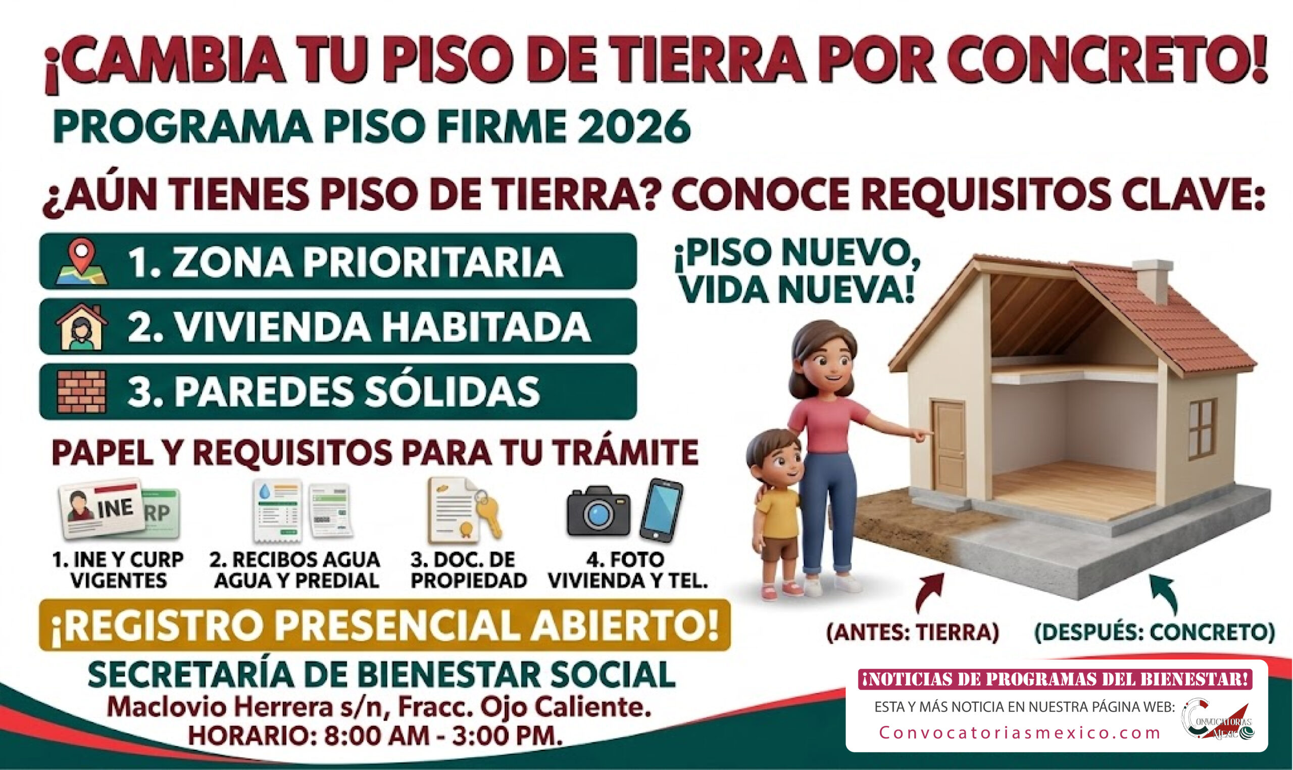 Piso Firme 2026: así te evalúan y estos documentos te piden para cambiar piso de tierra por concreto