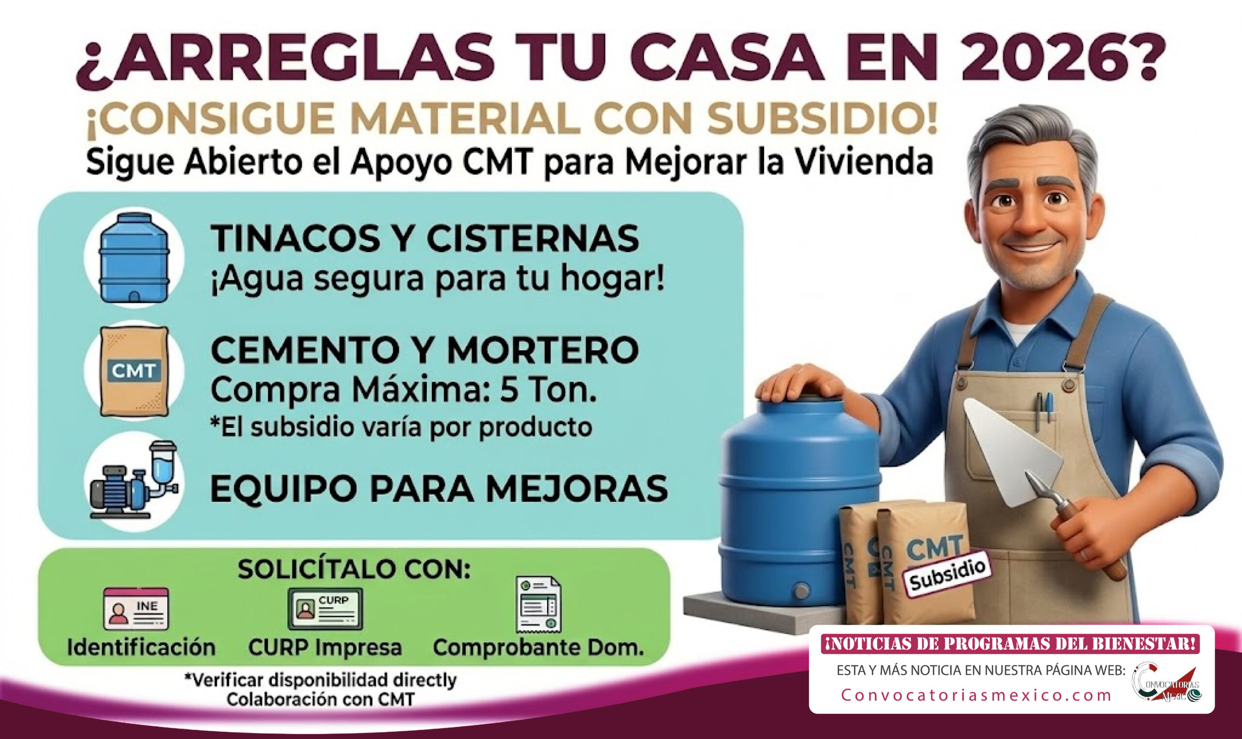 INMUVI mantiene disponible el apoyo de Material Subsidiado CMT para mejorar la vivienda