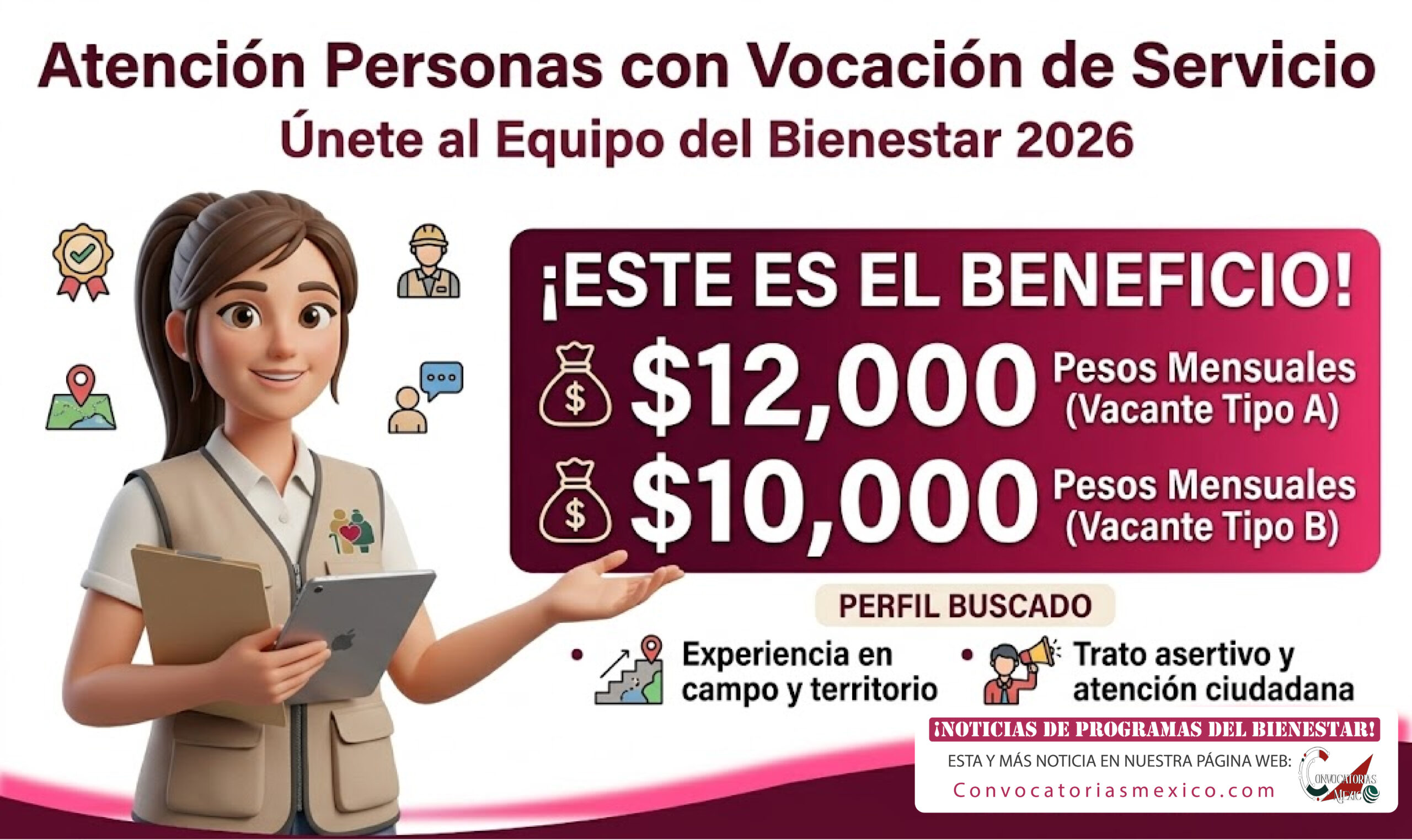 Únete al equipo del bienestar y recibe de $12,000 a $10,000 pesos mensuales 2026