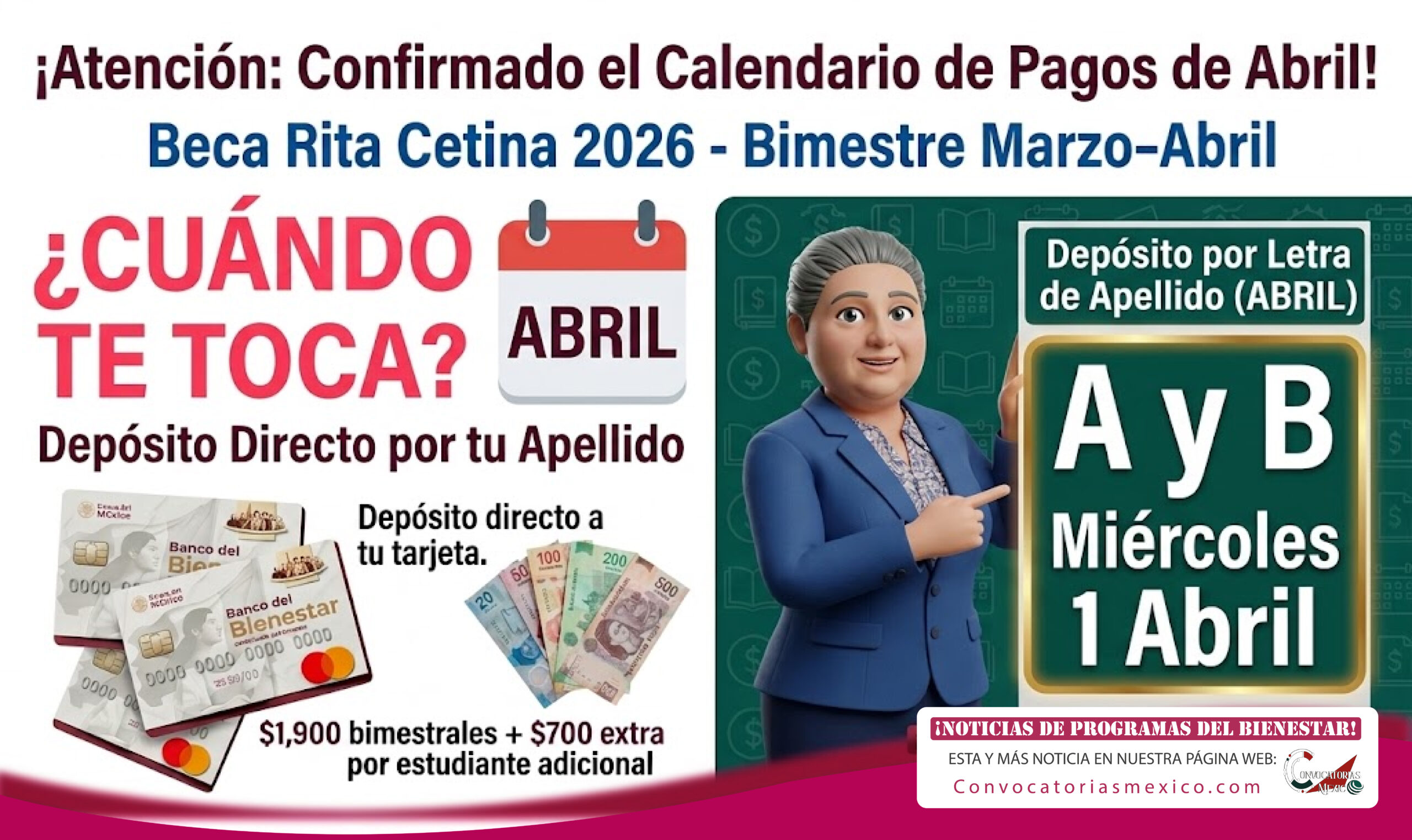 A y B reciben $1,900 + $700 extras de la Beca Rita Cetina 2026: ya quedó publicado el calendario de pagos de abril
