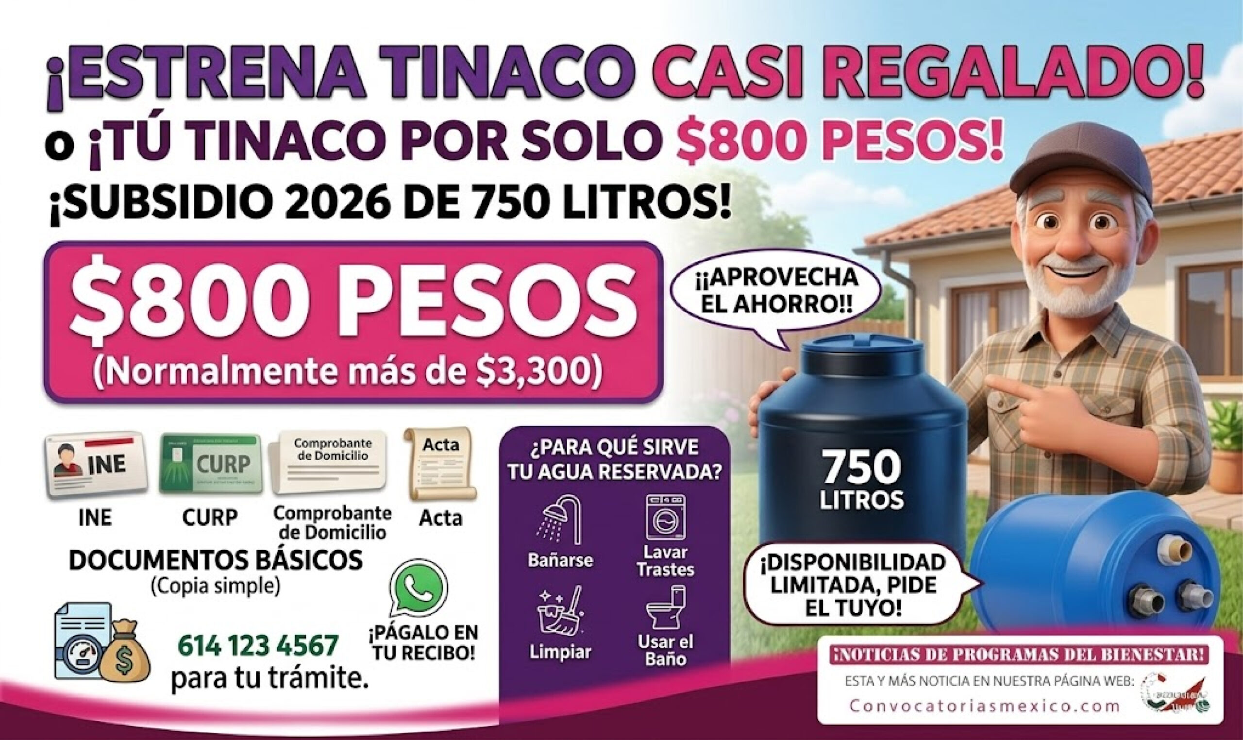 1.- Subsidio de Tinacos 2026 en Chihuahua: tinacos de 750 litros por solo $800 pesos