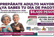 Calendario estimado de la Pensión Bienestar para adultos mayores del bimestre julio-agosto 2026