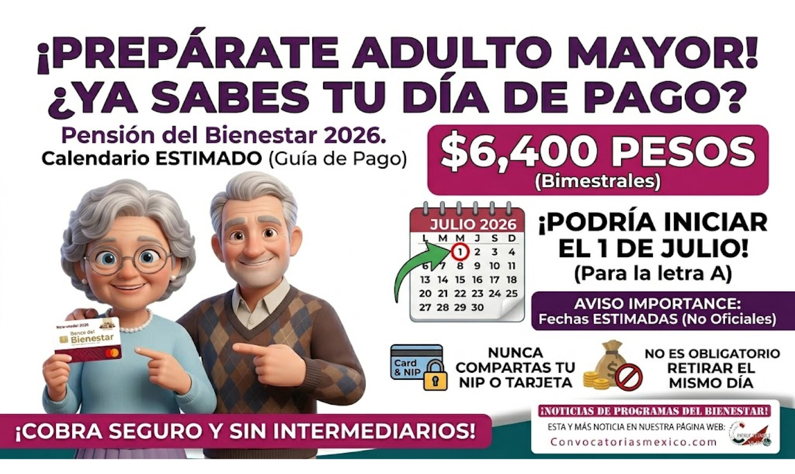 Calendario estimado de la Pensión Bienestar para adultos mayores del bimestre julio-agosto 2026