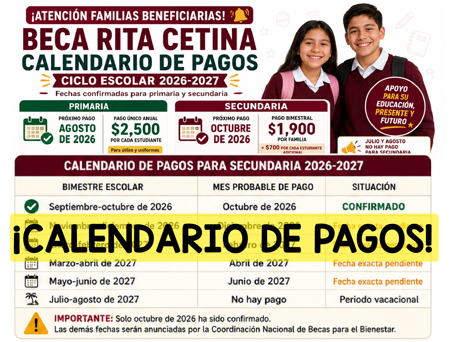 Próximo calendario de pagos de la Beca Rita Cetina para el ciclo escolar 2026-2027: fechas para secundaria y primaria
