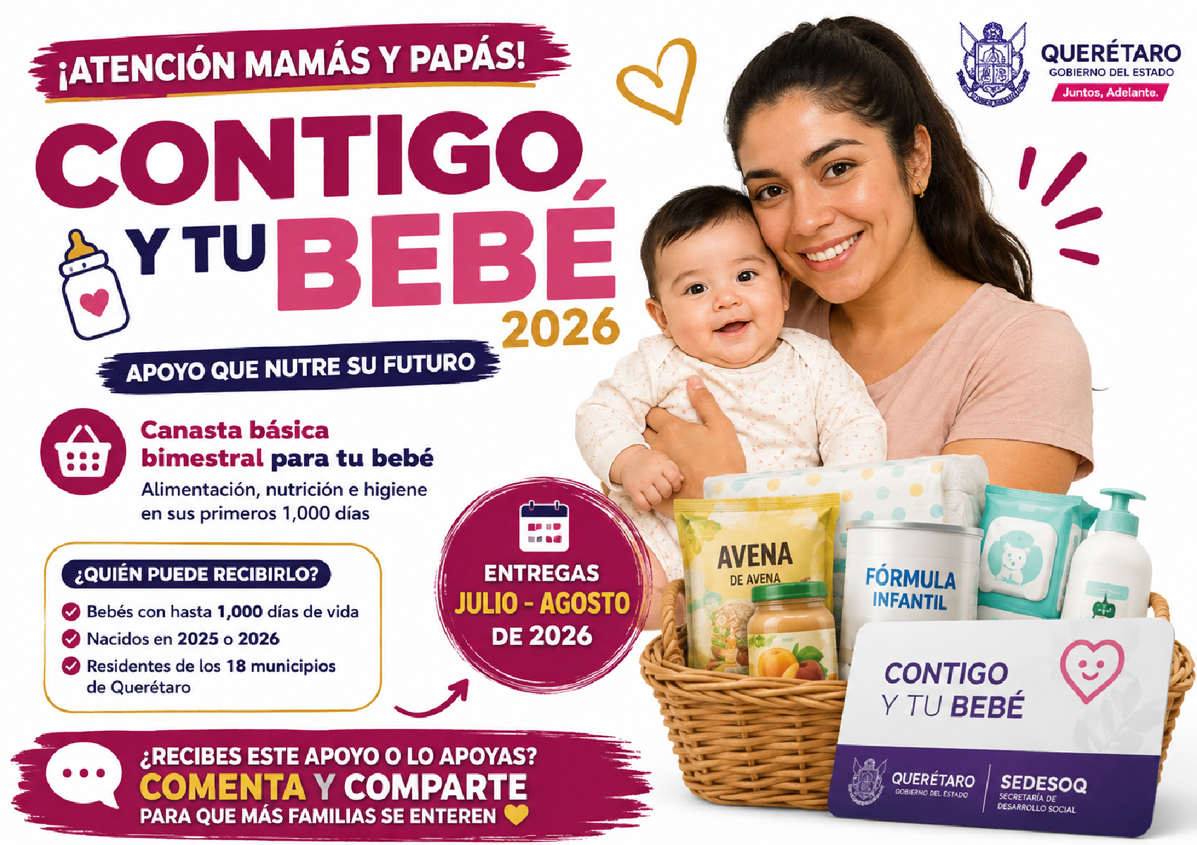 Contigo y tu Bebé 2026: entregan canasta alimentaria en Querétaro durante julio y agosto; revisa requisitos y calendario