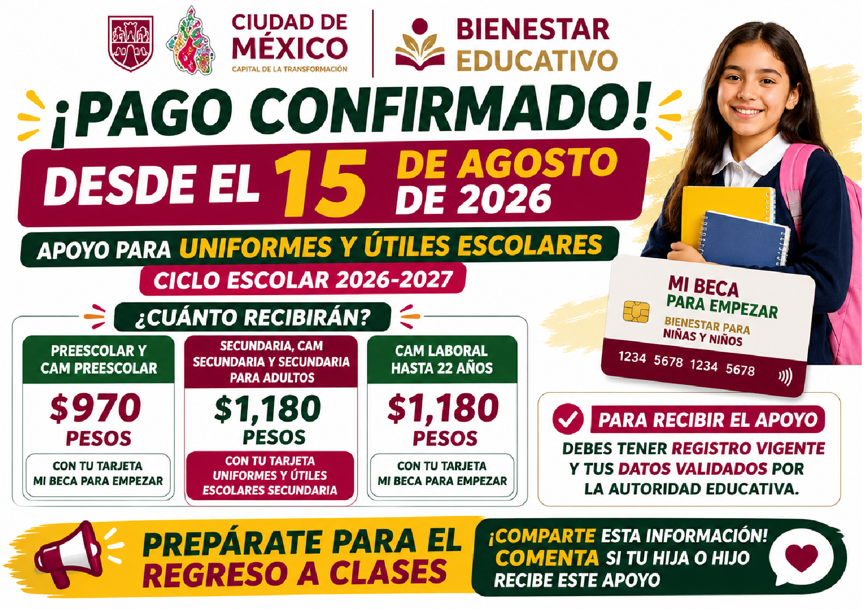 ¡Pago confirmado desde el 15 de agosto! Así será el apoyo para Uniformes y Útiles Escolares 2026-2027 en la CDMX
