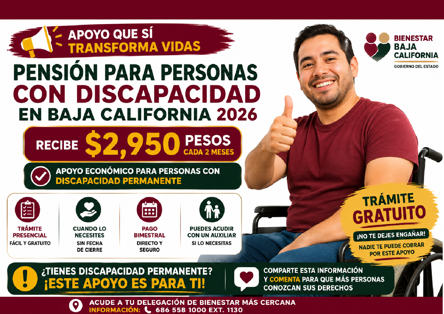 Pensión para Personas con Discapacidad en Baja California 2026: apoyo de $2,950 bimestrales y cómo solicitarlo
