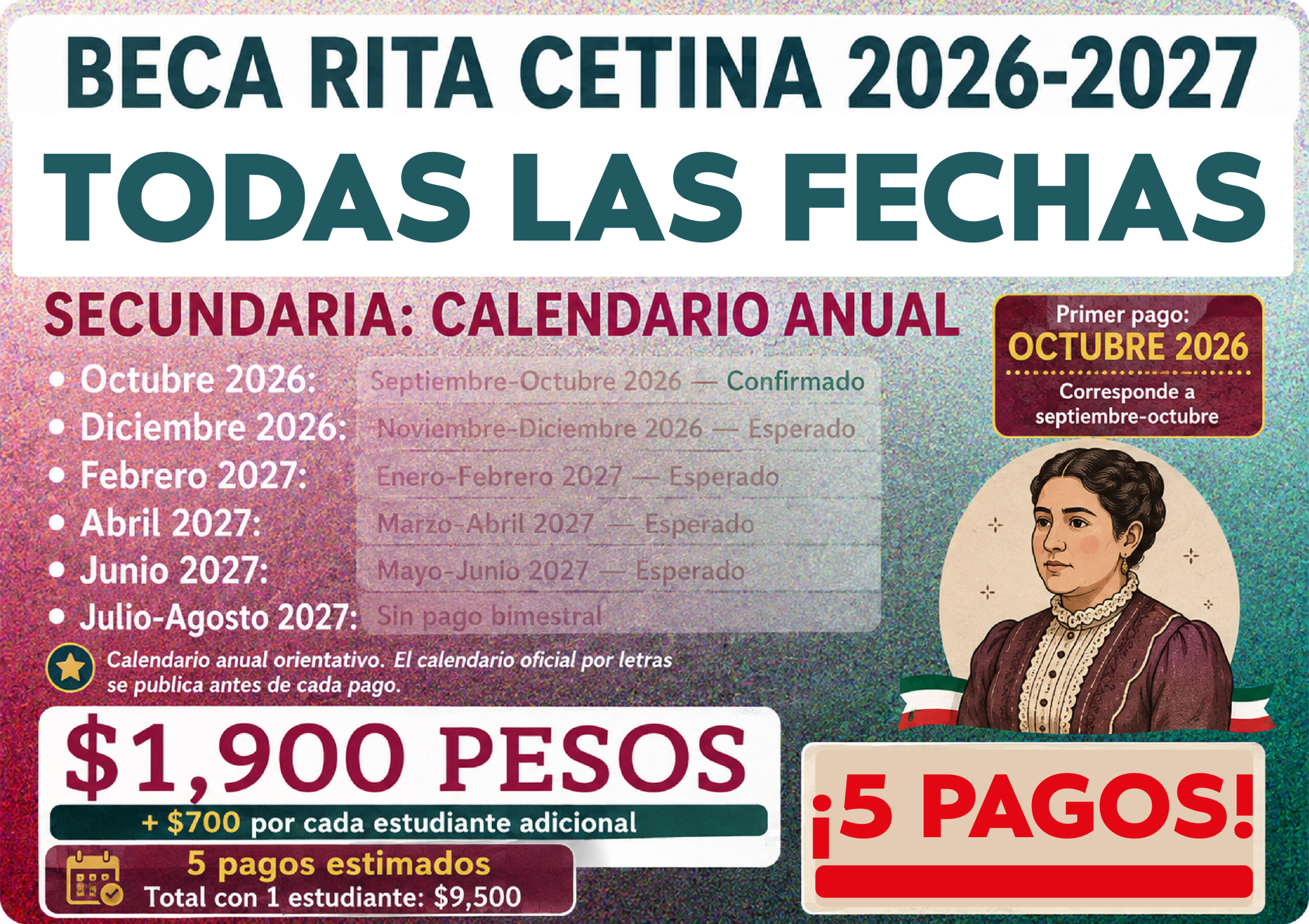 Calendario anual Beca Rita Cetina 2026-2027: estos serían los 5 pagos para estudiantes de secundaria