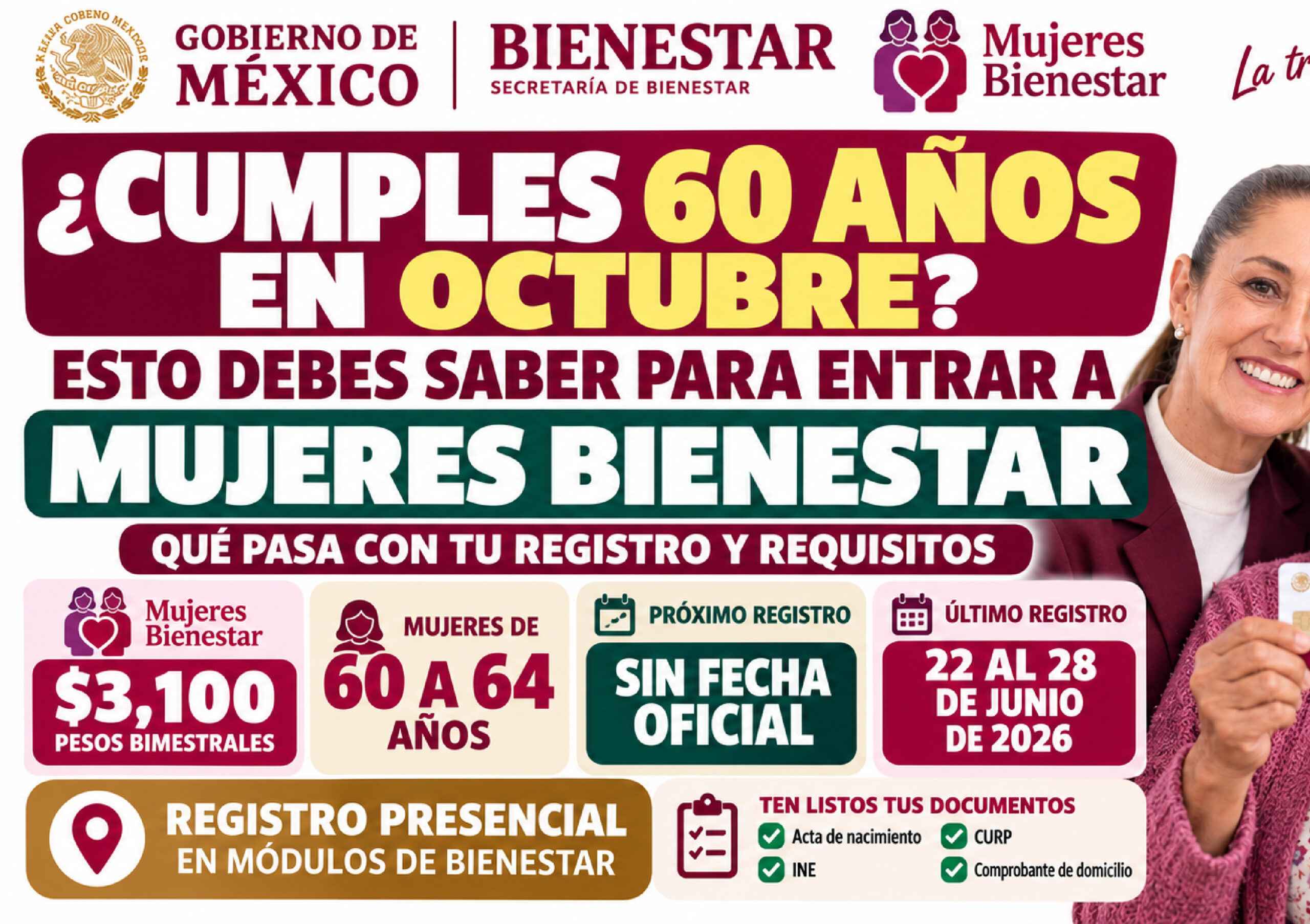 ¿Cumples 60 años en octubre? Esto debes saber para entrar a Mujeres Bienestar