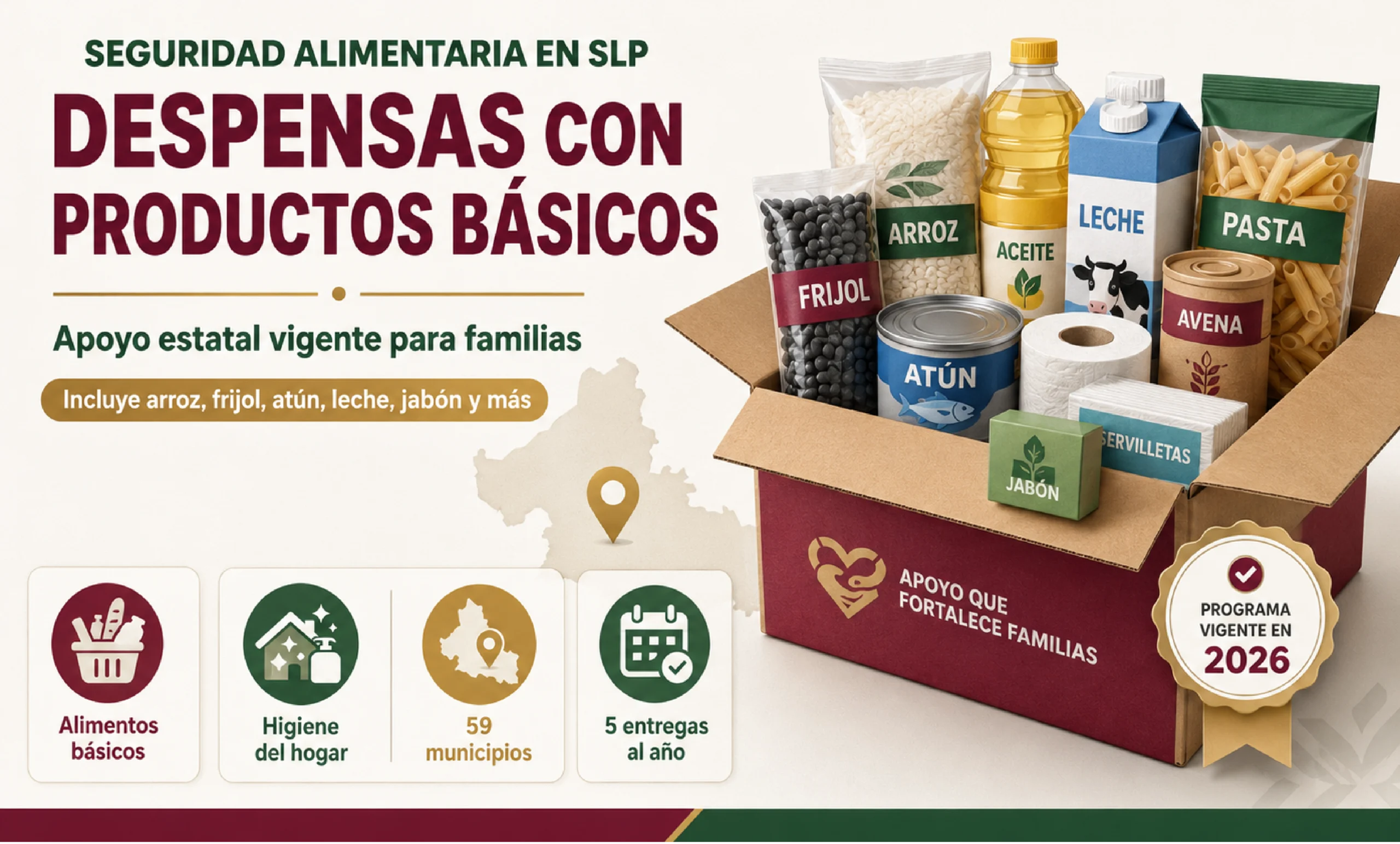 Seguridad Alimentaria en San Luis Potosí: despensas con arroz, frijol, atún, leche, jabón y productos básicos para familias