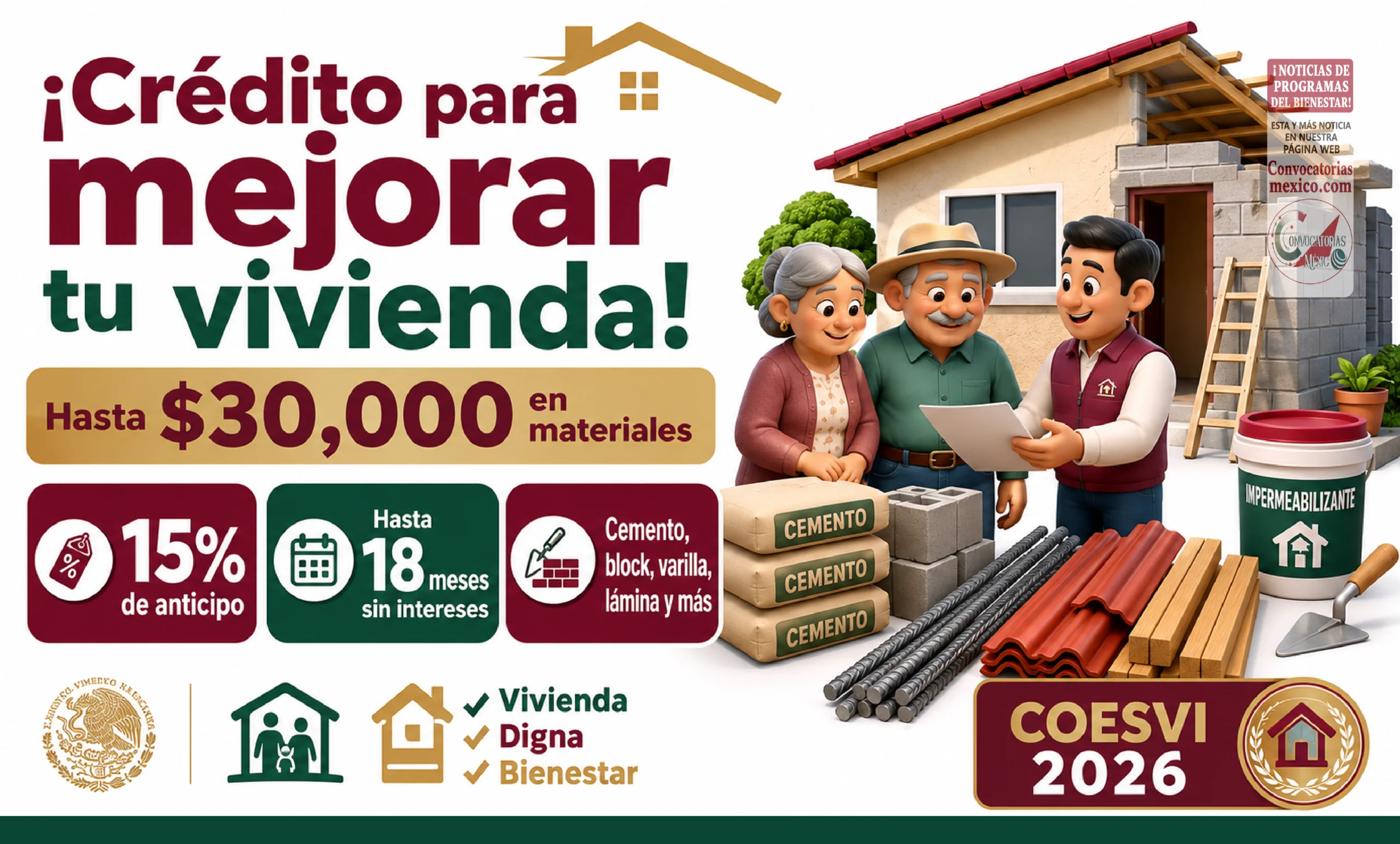 Mejoramiento de Vivienda COESVI 2026 en Chihuahua: crédito de hasta $30,000 para cemento, block, varilla, lámina y más