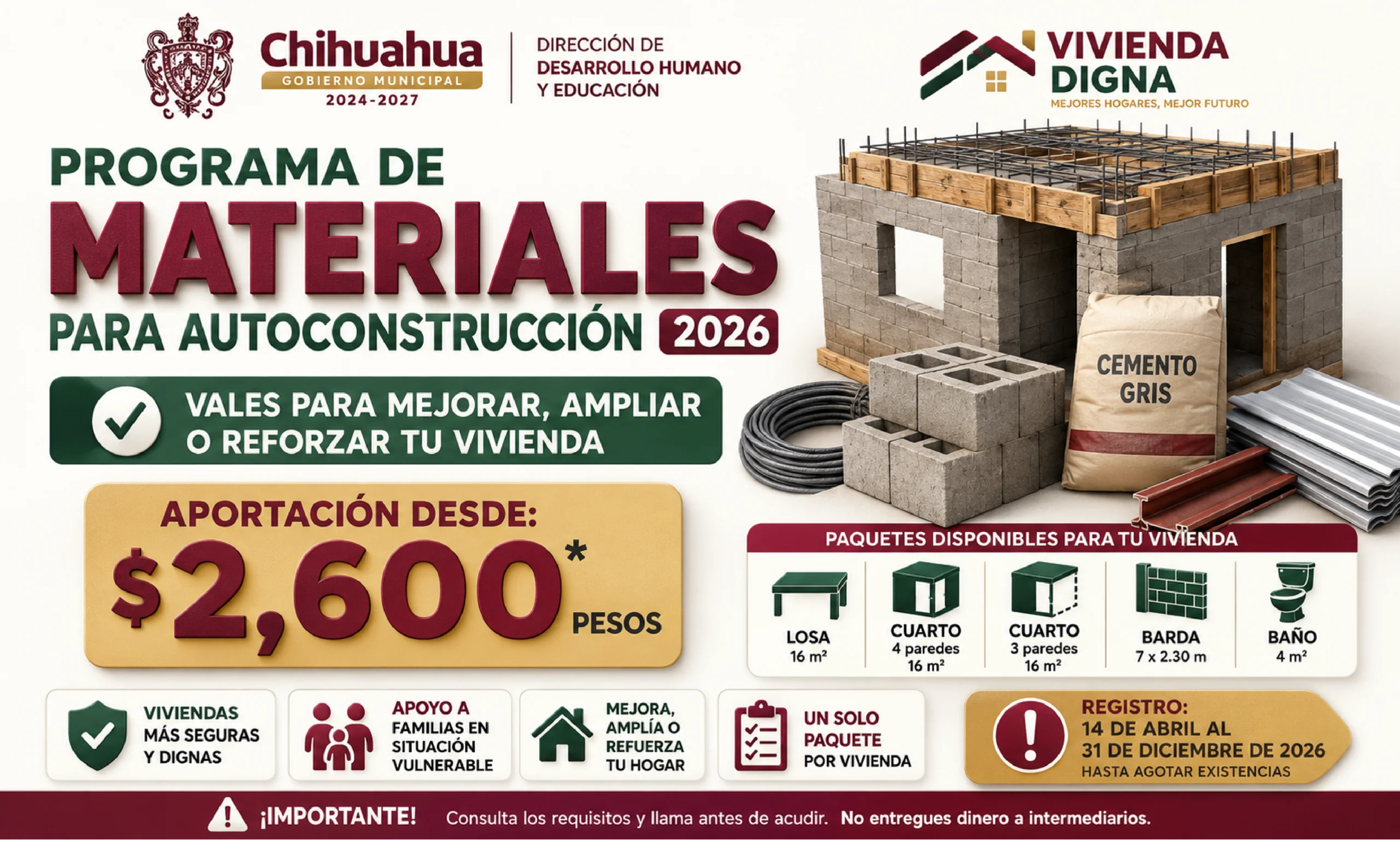 Programa de Materiales para Autoconstrucción 2026 en Chihuahua: requisitos, costos y registro