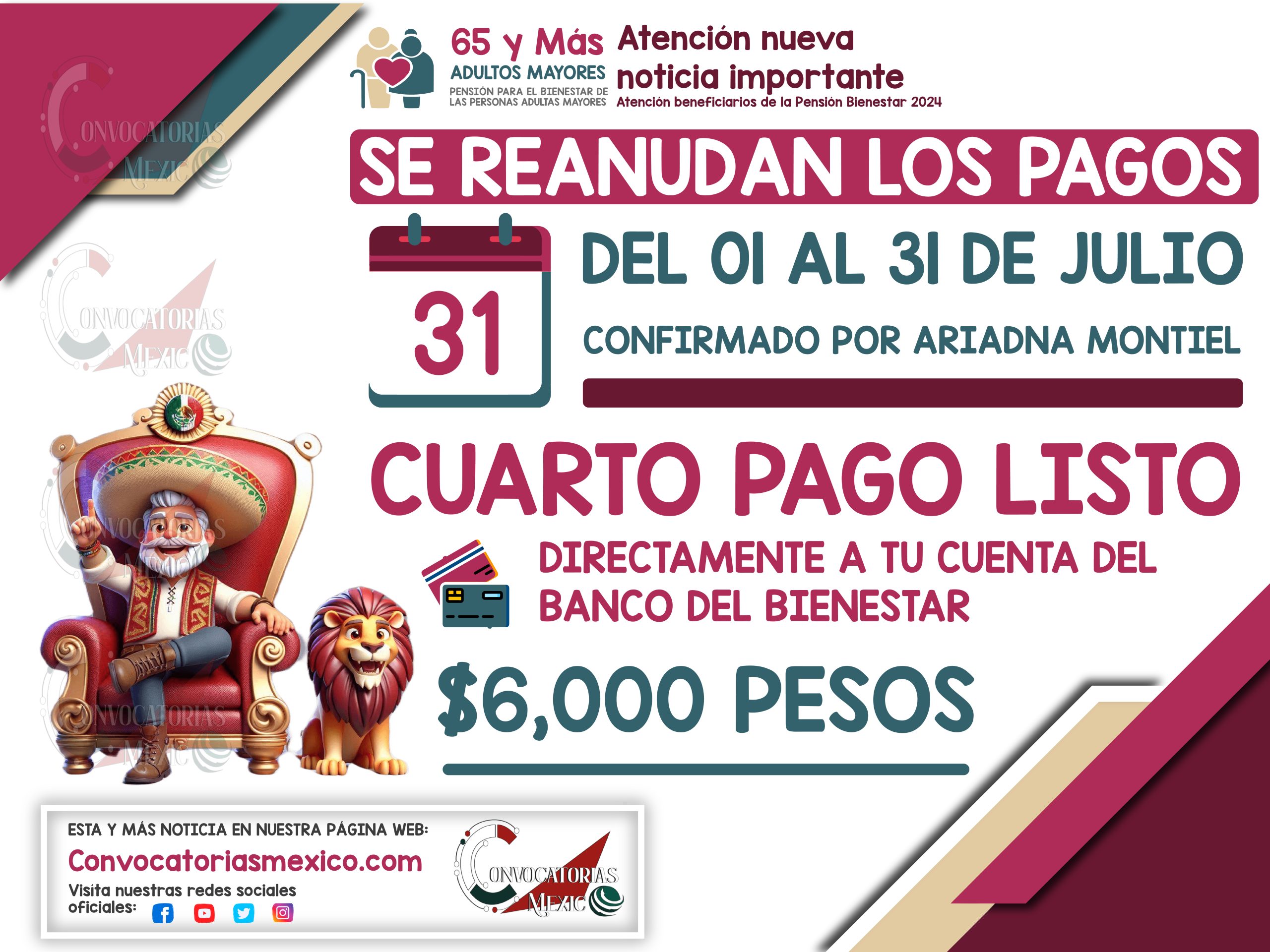 Se reanudan los pagos de la Pensión Bienestar del 01 al 05 de julio del 2024