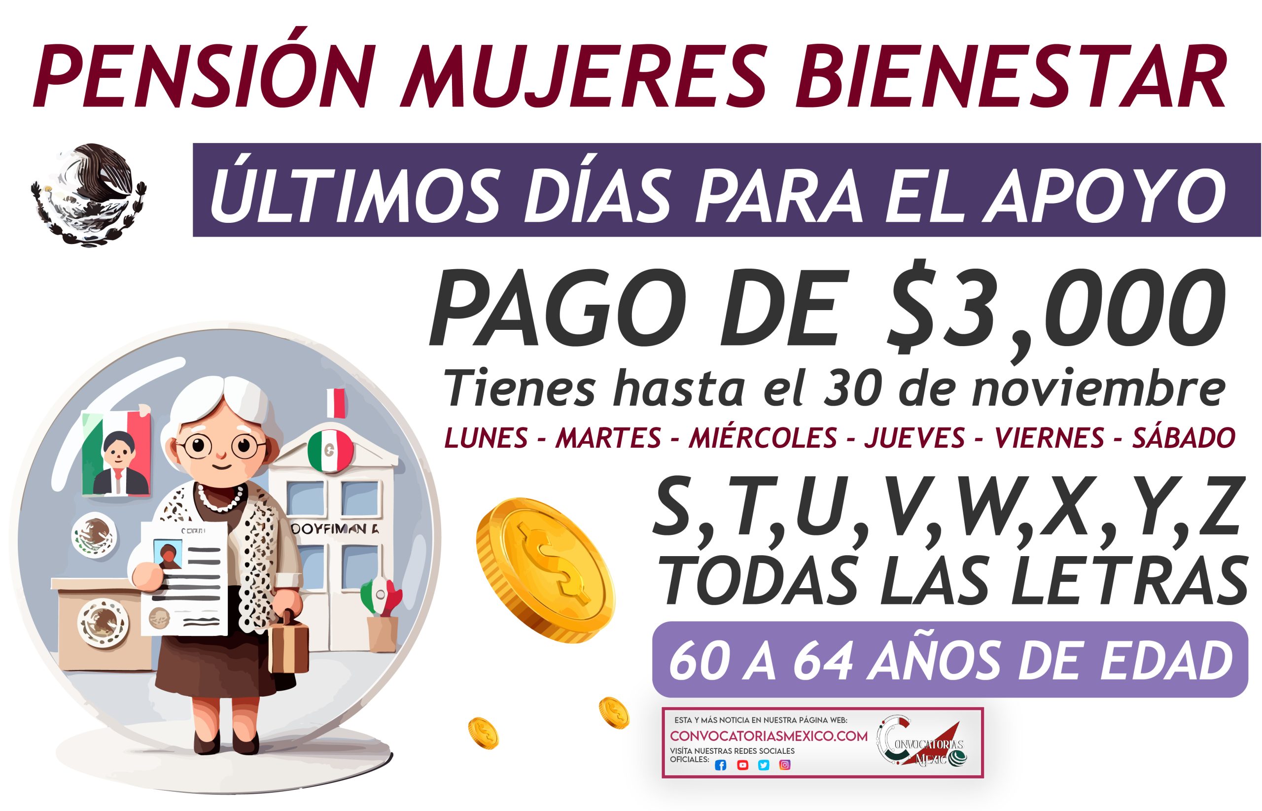 $3,000 pesos para todas la mujeres de 60 a 64 años de edad Pensión Mujeres 2024