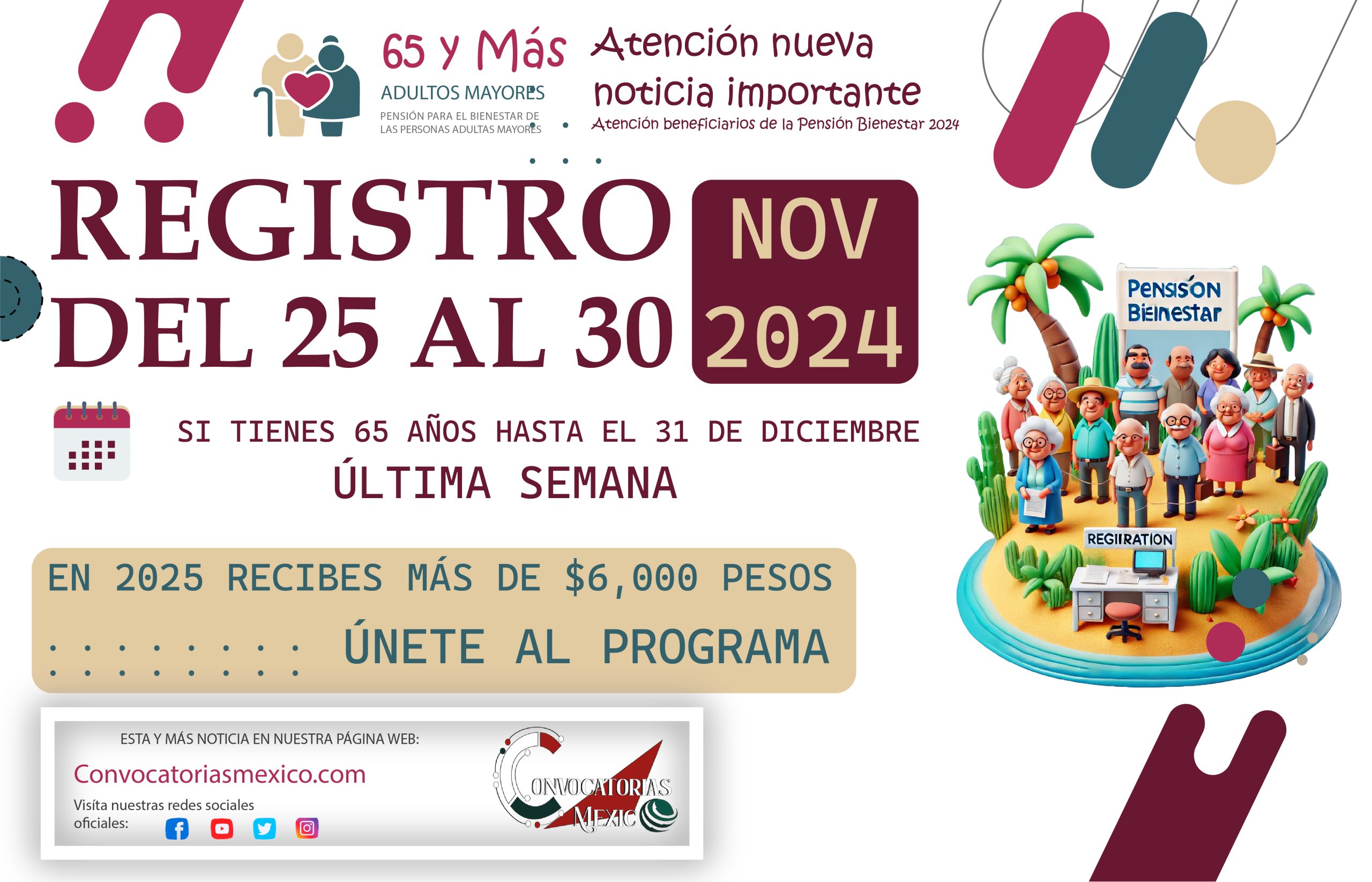 Semana de registro del 25 al 30 de noviembre únete a la Pensión Bienestar 2024