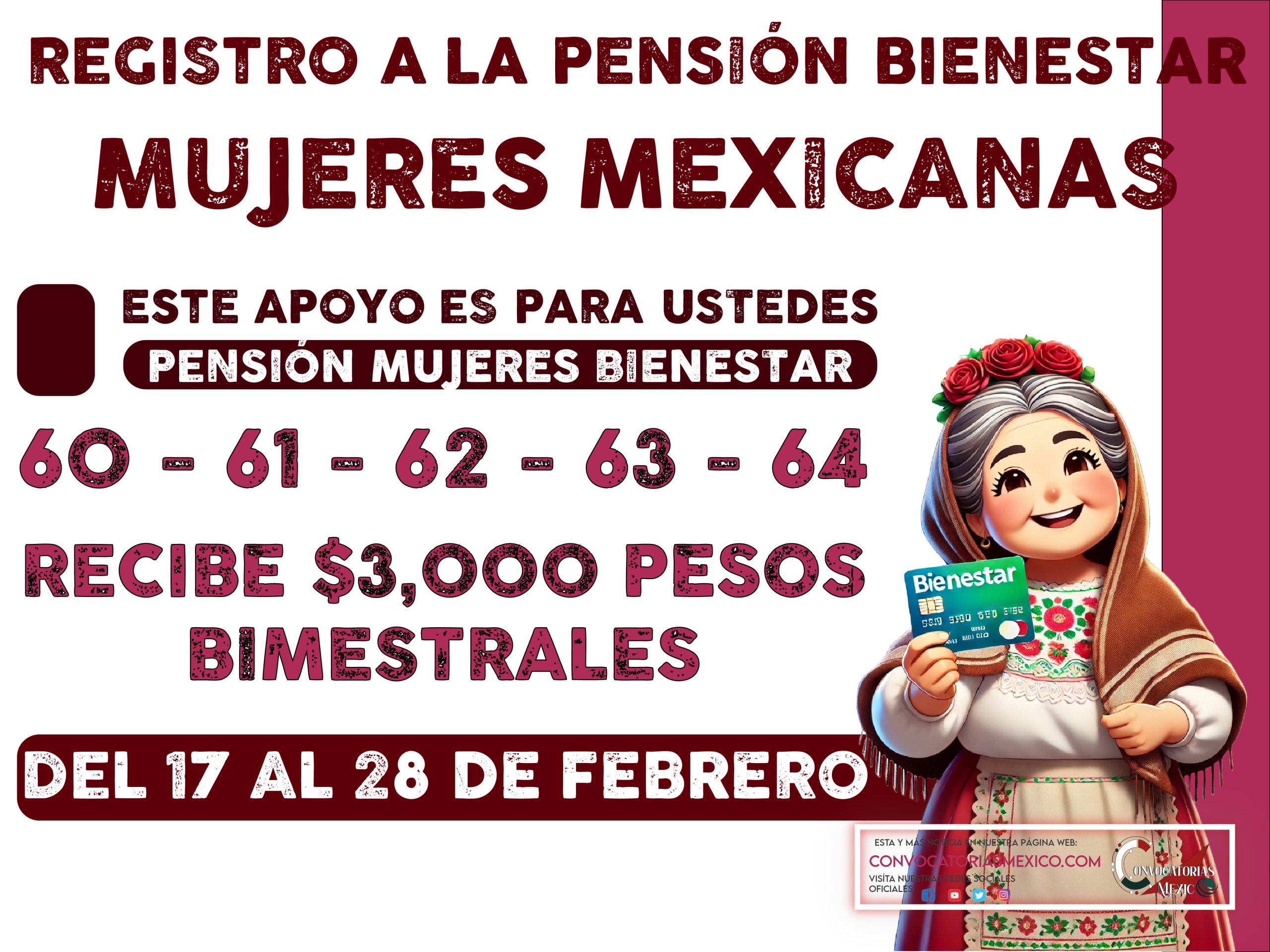 Recibes $3,000 pesos en febrero de el programa Pensión Mujeres Bienestar 2025