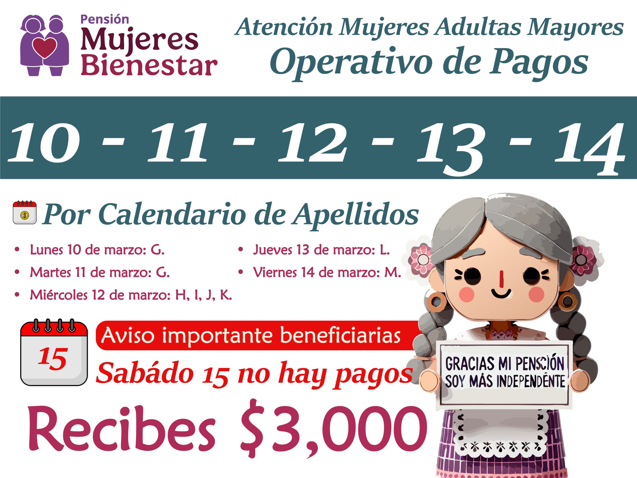 Pagos de $3,000 días 11 - 12 - 13 - 14 de Marzo Pensión Mujeres Bienestar 2025 11 Pagos de $3,000 días 11 - 12 - 13 - 14 de Marzo Pensión Mujeres Bienestar 2025