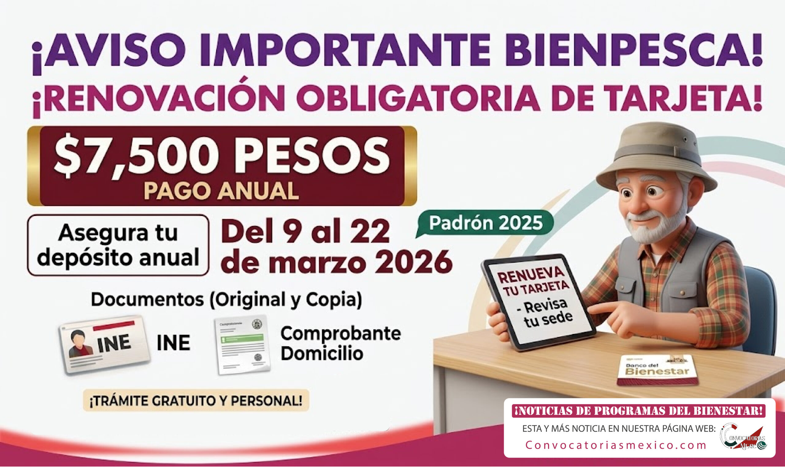 ¡Renovación obligatoria de tarjeta! $7,500 pesos pago anual de Bienpesca 2026
