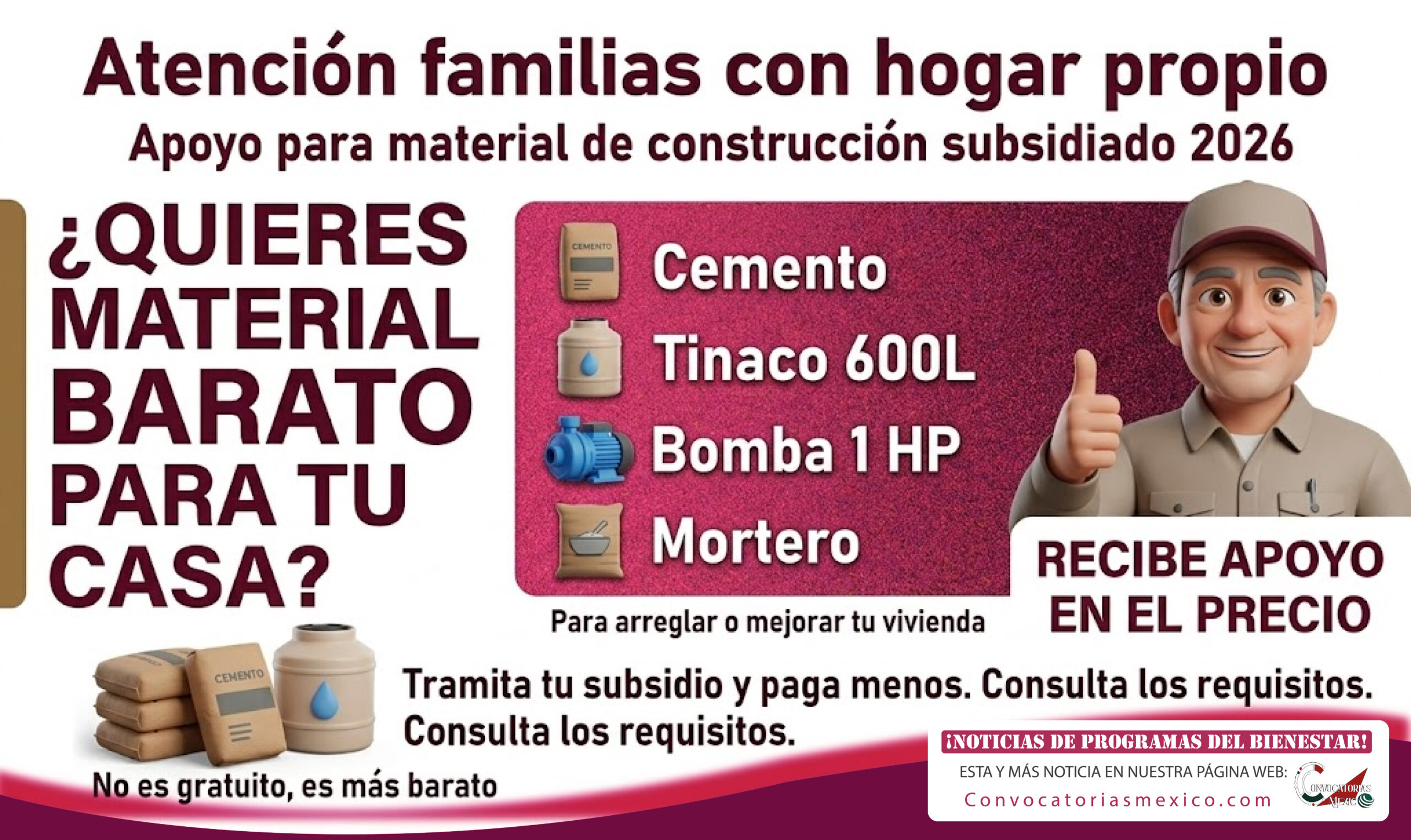 Apoyo para materiales de construcción para familias con hogar propio 2026