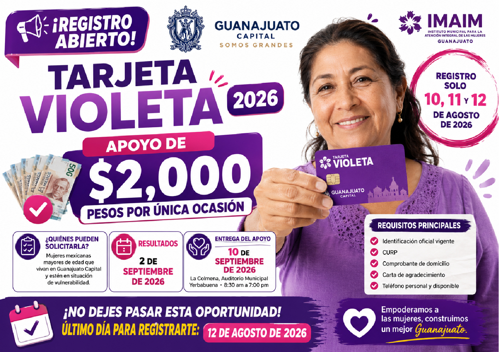¡Registro abierto! Tarjeta Violeta 2026 entrega $2,000 a mujeres de Guanajuato Capital: requisitos y fechas