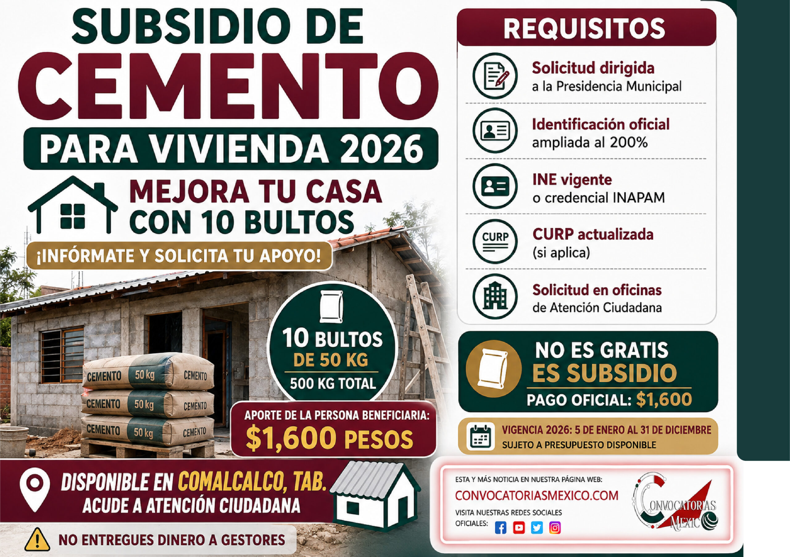 Subsidio de cemento 2026 en Comalcalco: cómo solicitar 10 bultos de 50 kg para mejorar tu vivienda