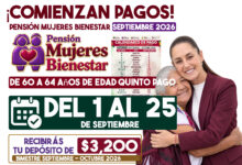 Pensión Mujeres Bienestar: comienzan pagos de $3,100 en septiembre 2026; calendario completo por apellido