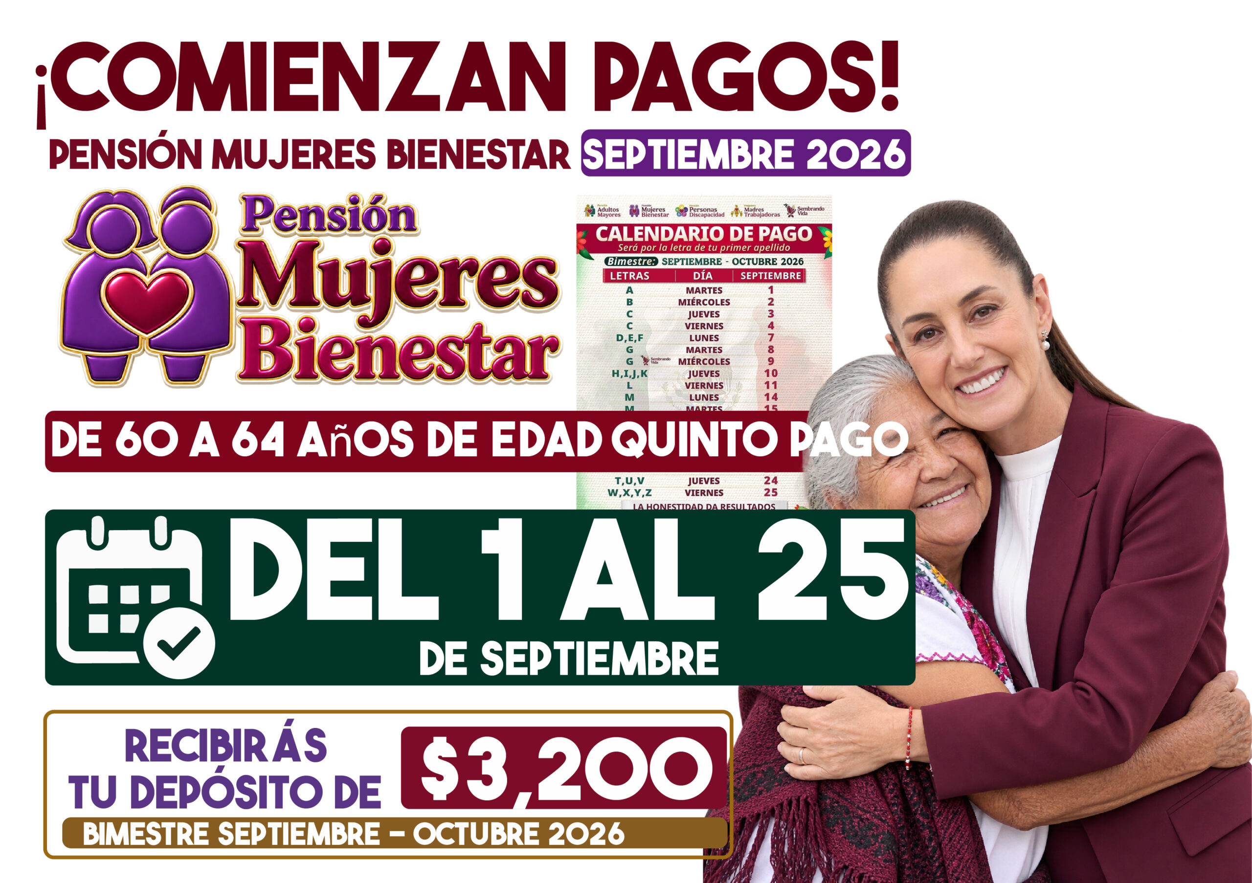 Pensión Mujeres Bienestar: comienzan pagos de $3,100 en septiembre 2026; calendario completo por apellido