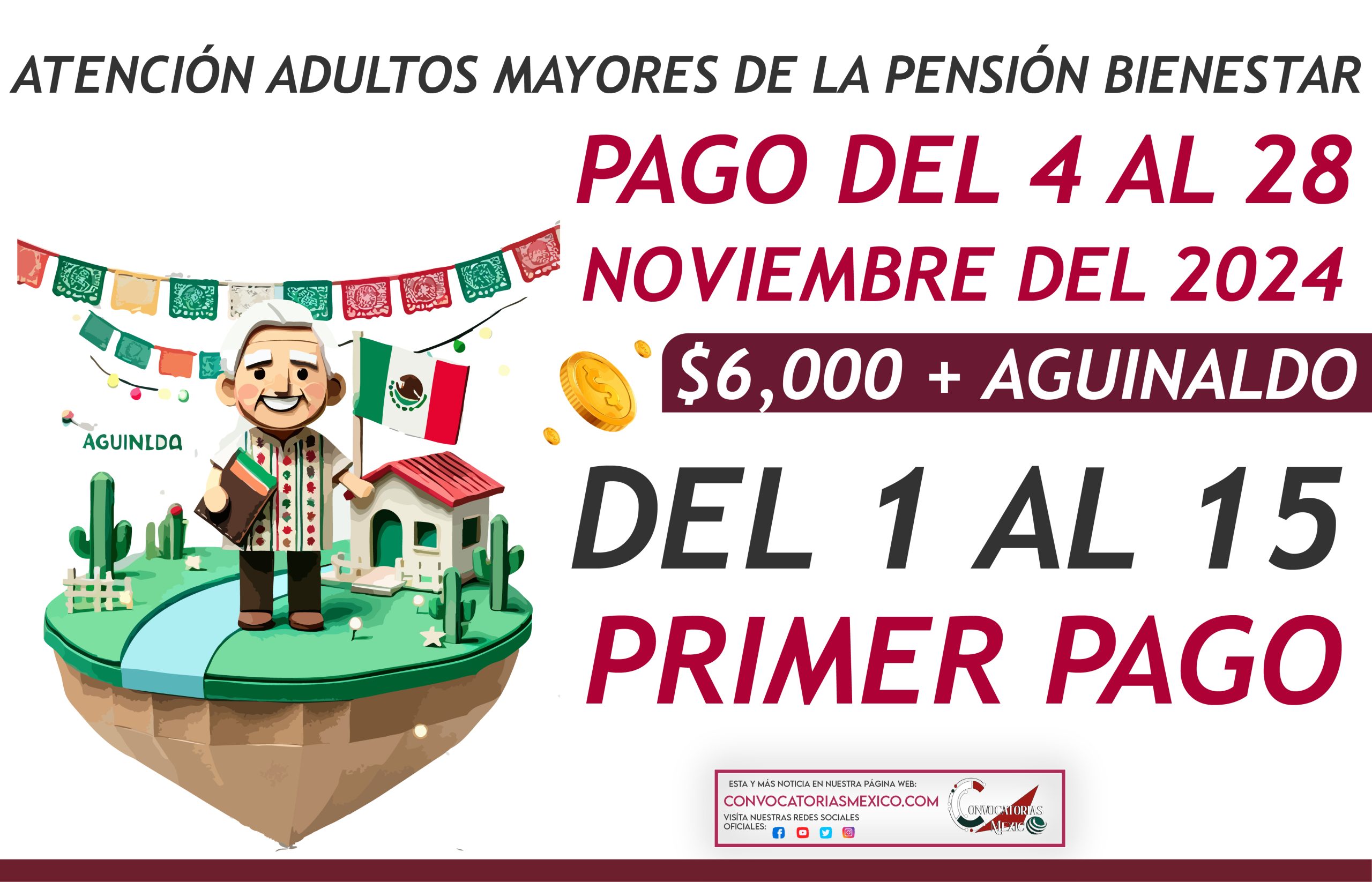 $6,000 pesos más aguinaldo durante los primeros días de noviembre de la Pensión Bienestar 2024