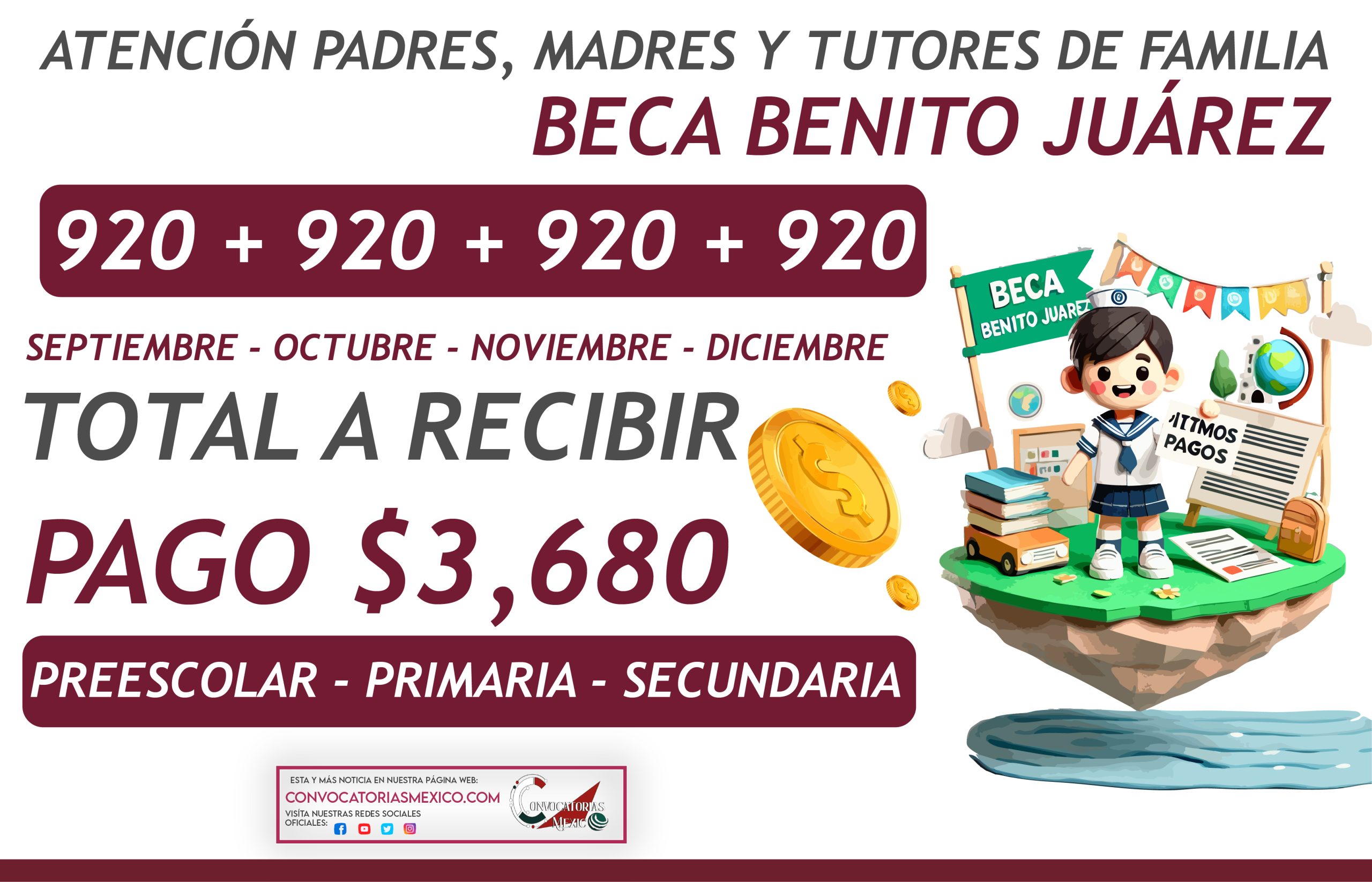 920 + 920 + 920 + 920 TOTAL A RECIBIR $3,680 Pesos de la Beca Benito Juárez 2024