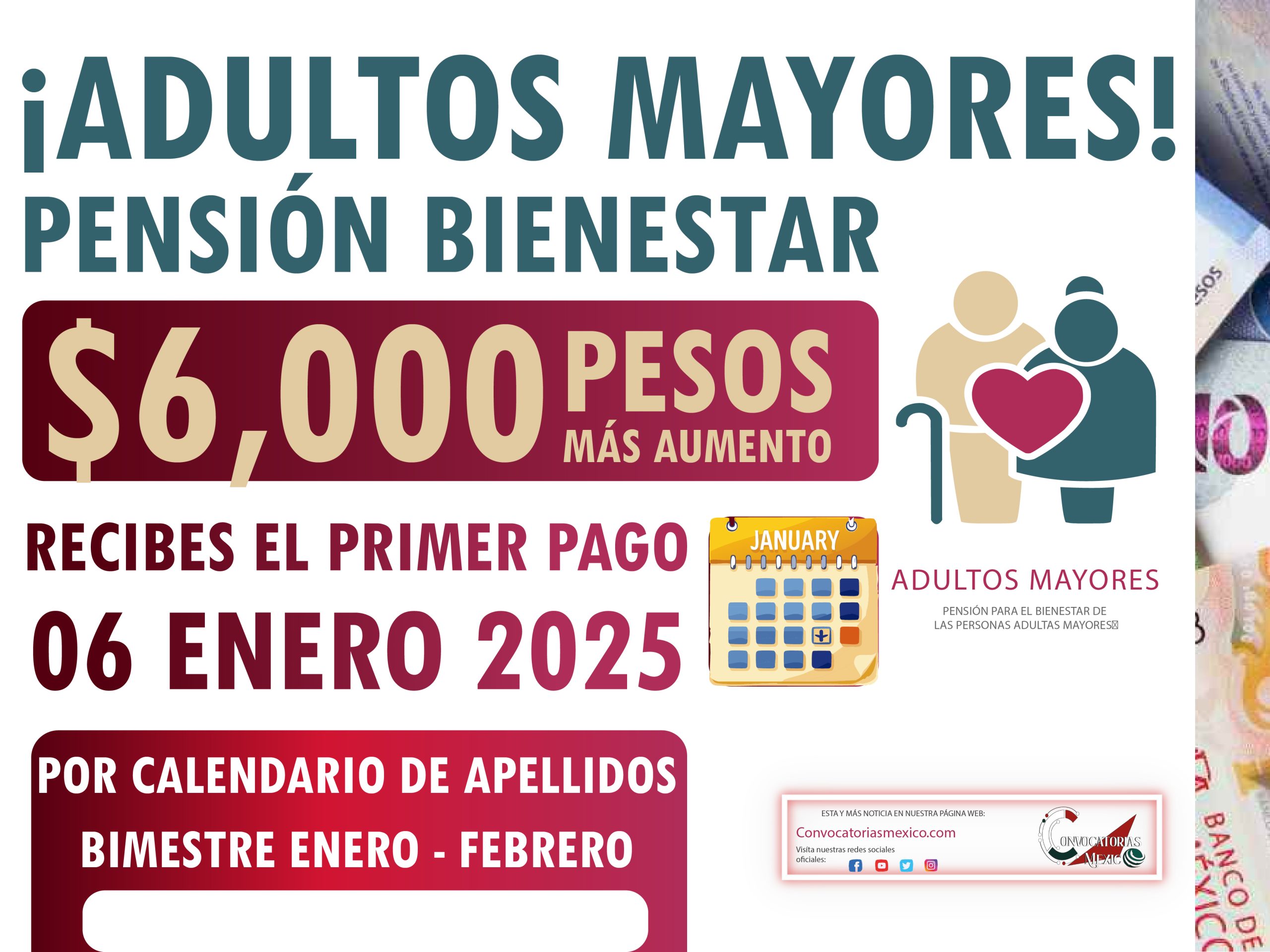06 DE ENERO Por calendario de apellidos $6,000 pesos más aumento de la Pensión Bienestar 2025