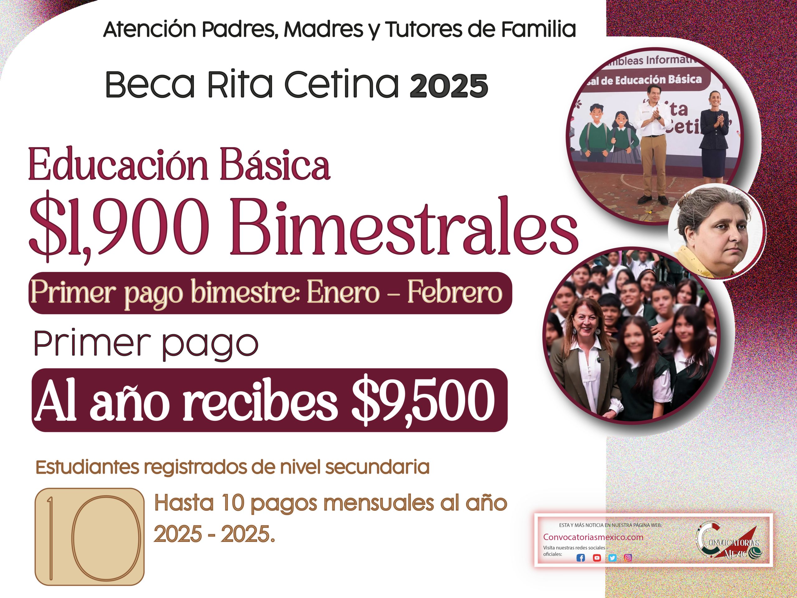 Primeros pagos de $1,900 pesos de la nueva Beca Rita Cetina Gutiérrez 2025