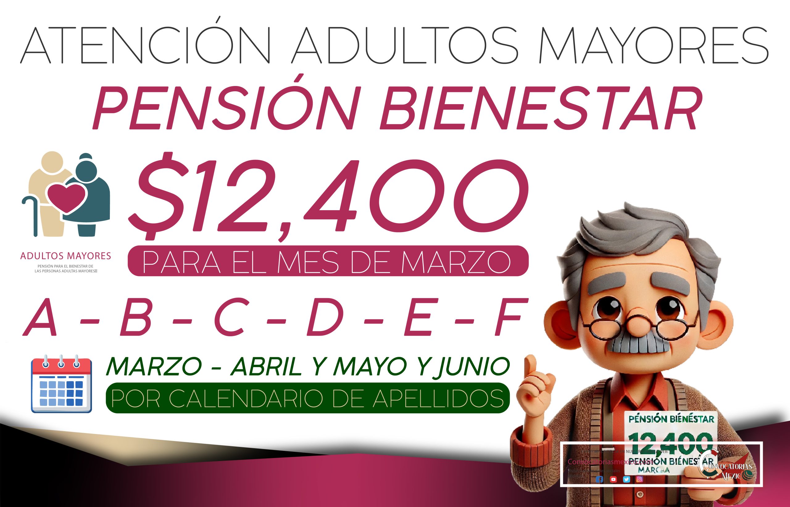 $12,400 pesos letras A - B - C - D - E Adultos Mayores de la Pensión Bienestar 2025