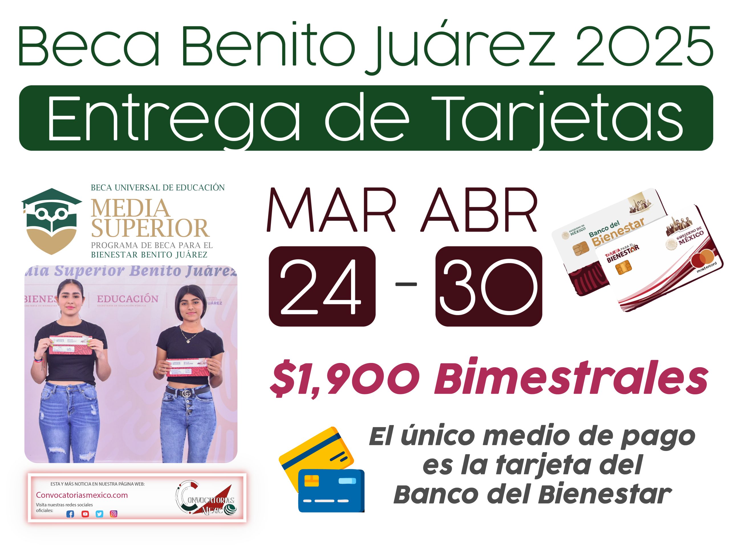 Marzo 24 a Abril 30 Entrega de tarjetas de la Beca Benito Juárez de Educación Media Superior 2025