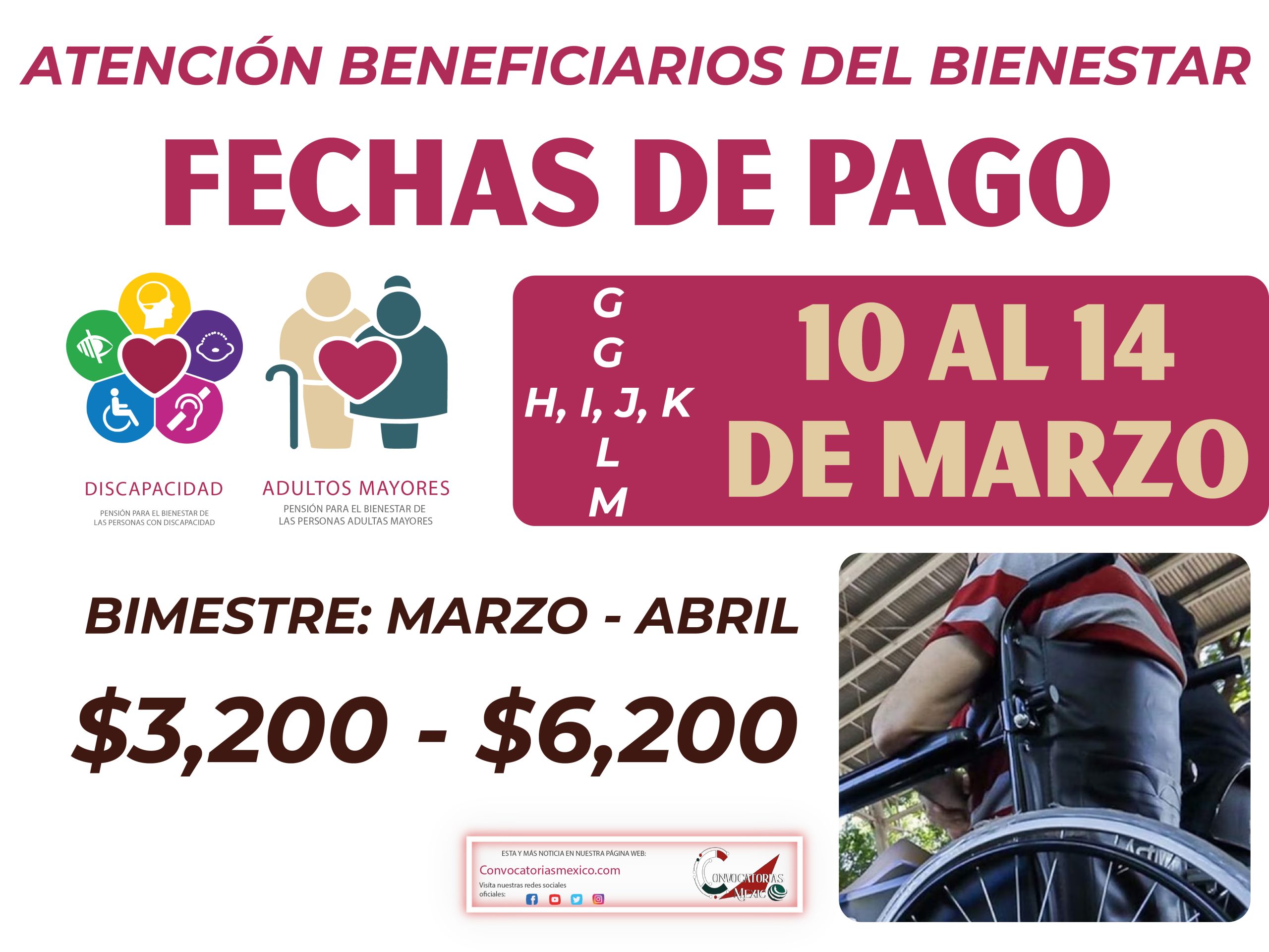 Pagos de pensiones del 10 al 14 de marzo $3,200 y $6,200 pesos de los programas del bienestar