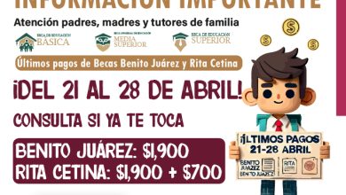 Del 21 al 28 de Abril: Últimos Pagos de las Becas Benito Juárez y Beca Rita Cetina Gutiérrez