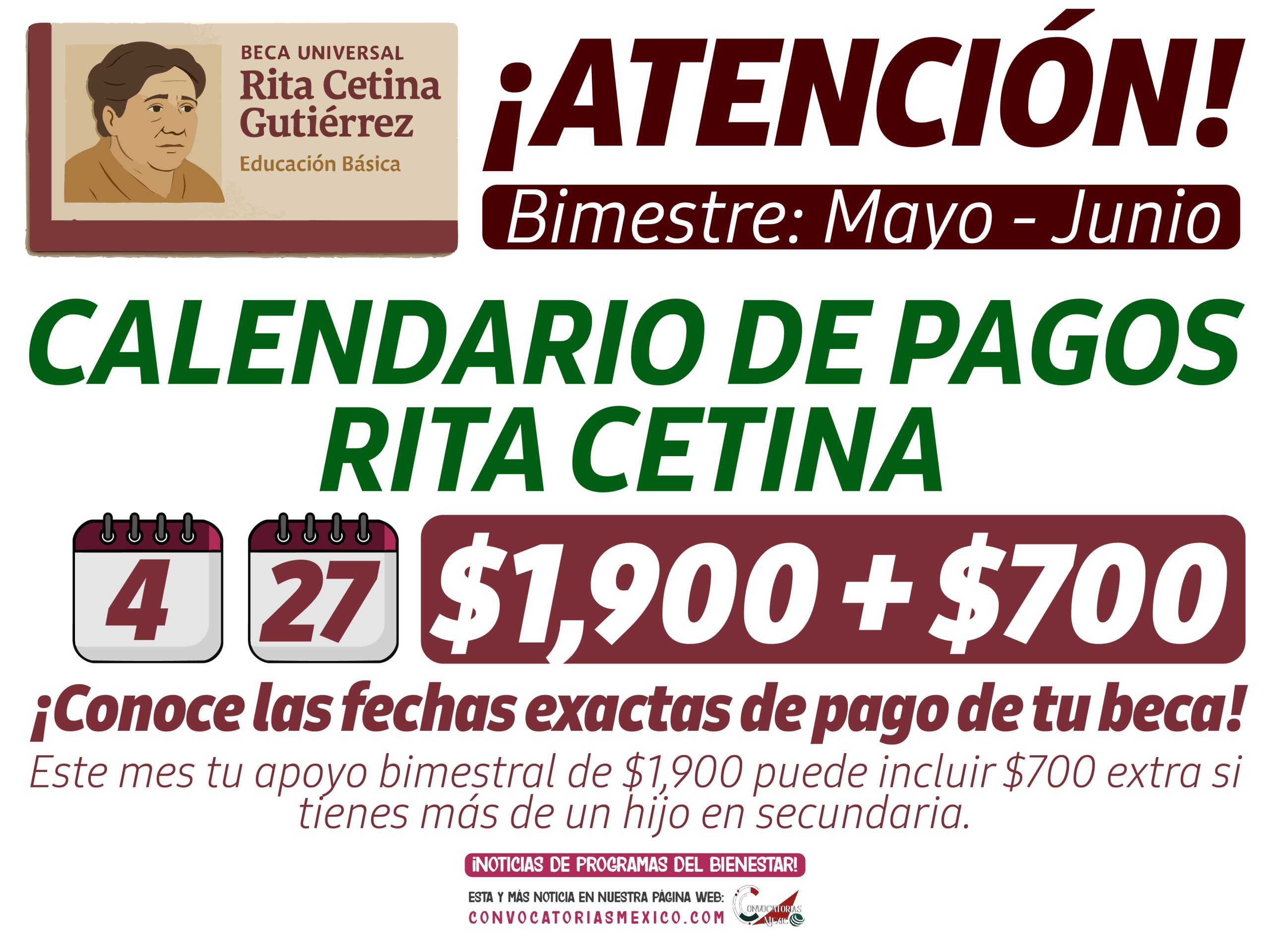 Del 4 al 27 de Junio Ya está disponible el calendario completo de pagos de la Beca Rita Cetina