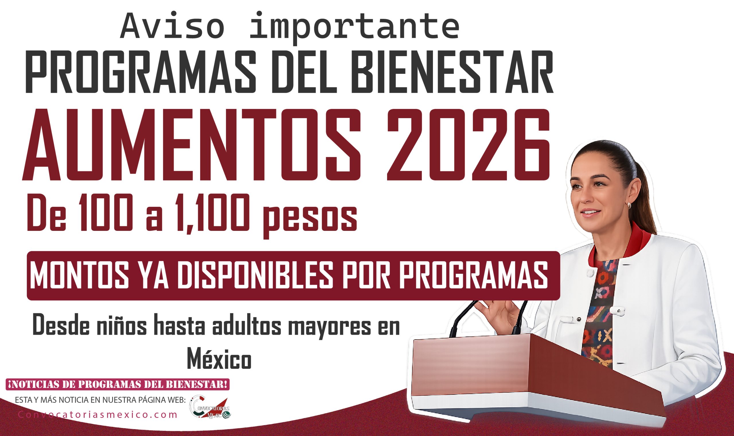 Aumentos de $100 hasta $1,000 pesos de los programas del bienestar 2026
