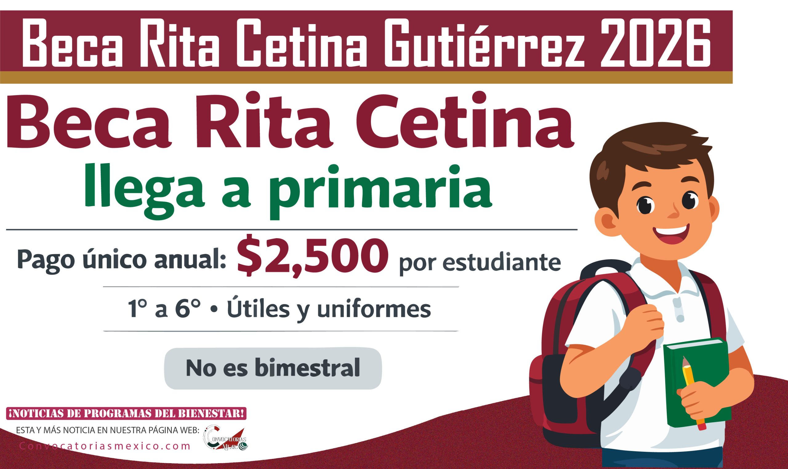 Pago de $2,500 pesos único anual por parte de la Beca Rita Cetina Primaria 2026