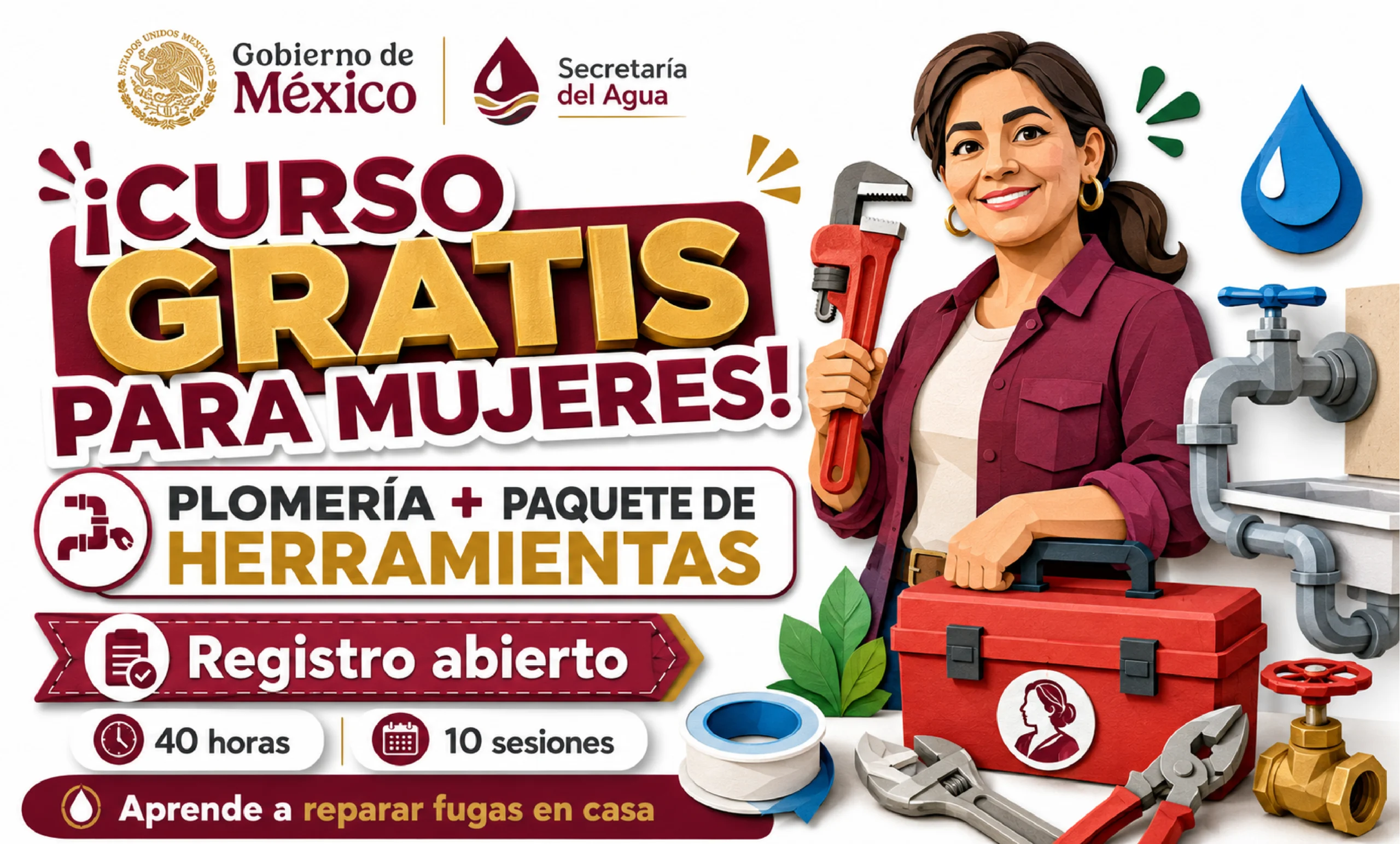 Mujeres Plomeras 2026 en Estado de México: curso gratis de plomería y paquete de herramientas