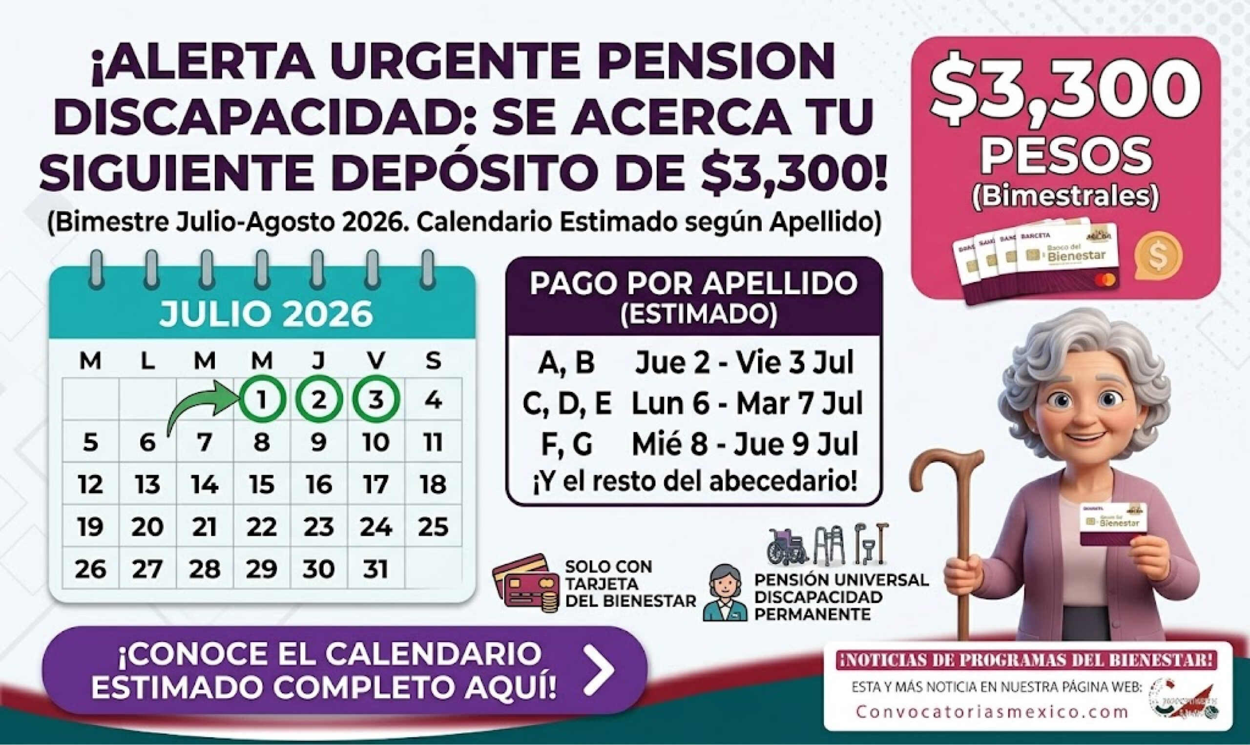 ¡Calendario estimado de la Pensión Bienestar para Personas con Discapacidad del bimestre julio-agosto 2026!