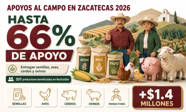 Apoyos al campo en Zacatecas 2026: entregan semillas, aves, cerdos y ovinos con apoyo de hasta 66%