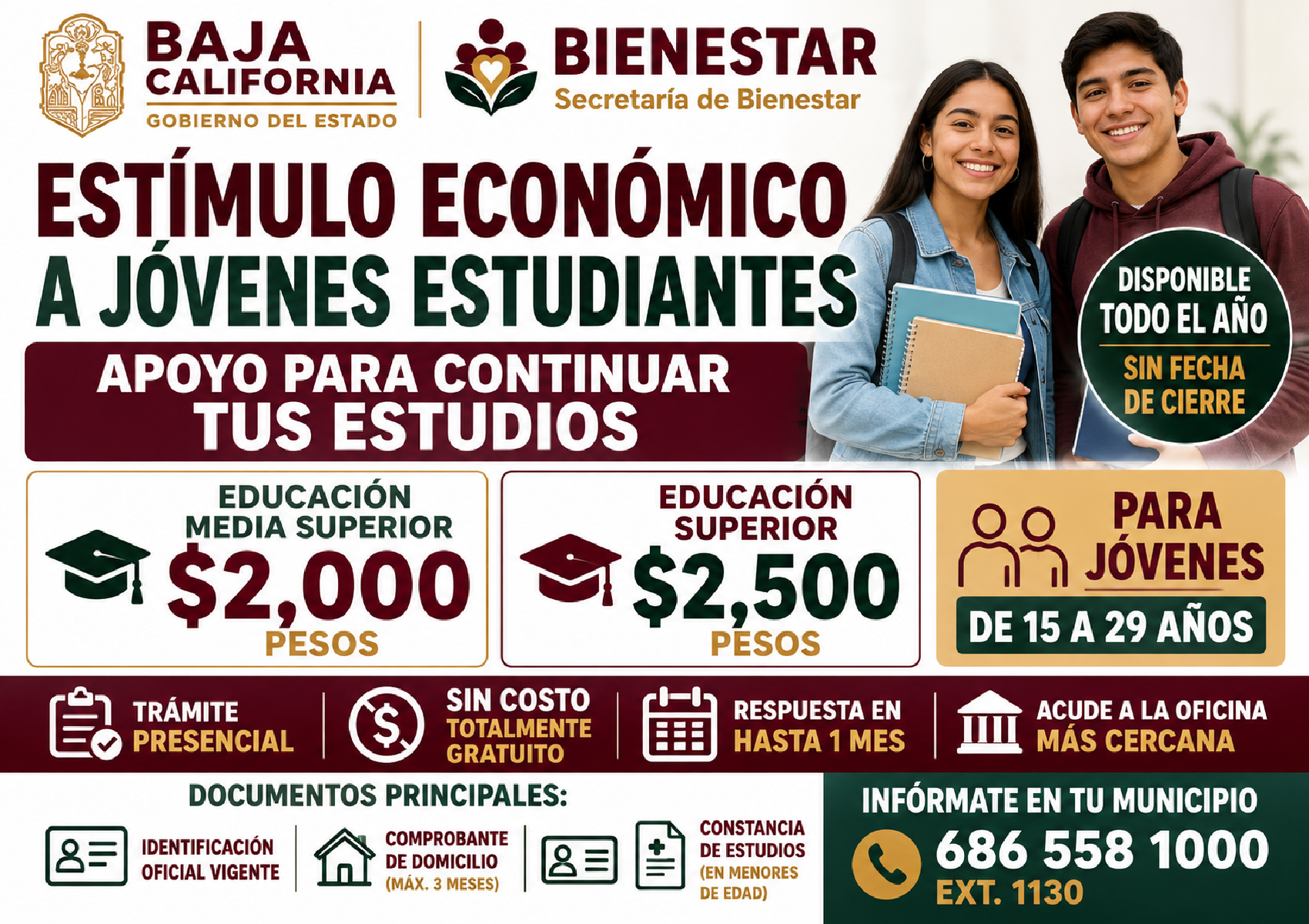 Estímulo Económico a Jóvenes Estudiantes 2026 en Baja California: apoyo de $2,000 y $2,500 pesos disponible todo el año