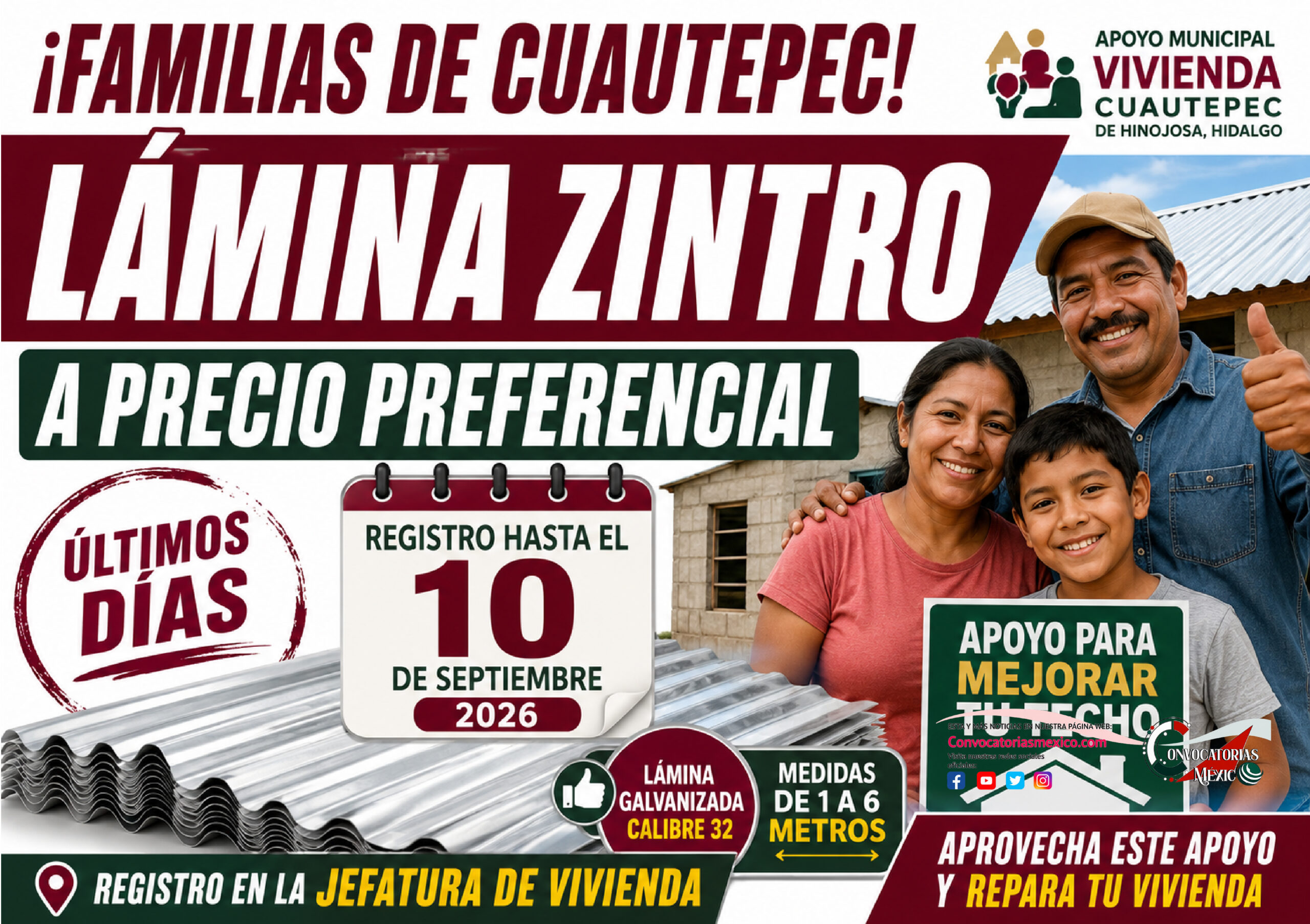 Lámina Zintro en Cuautepec a precio preferencial: familias pueden registrarse hasta el 10 de septiembre
