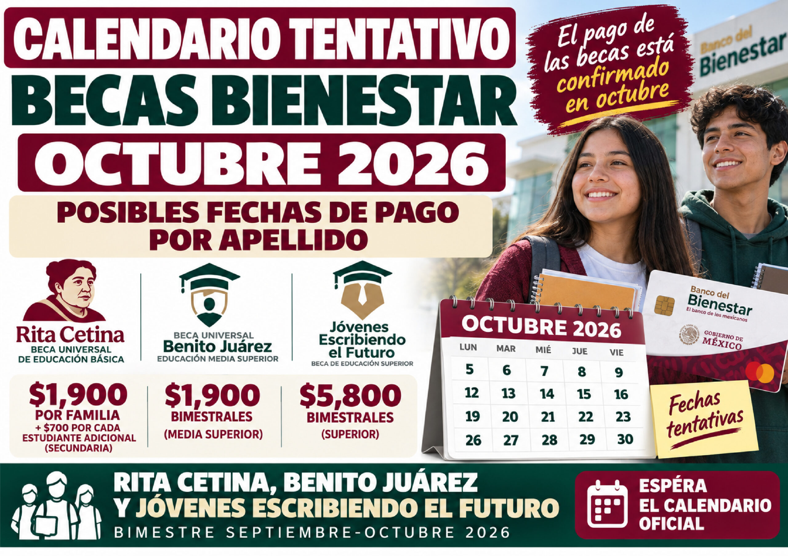 Calendario tentativo Becas Bienestar octubre 2026: posibles fechas de pago por apellido