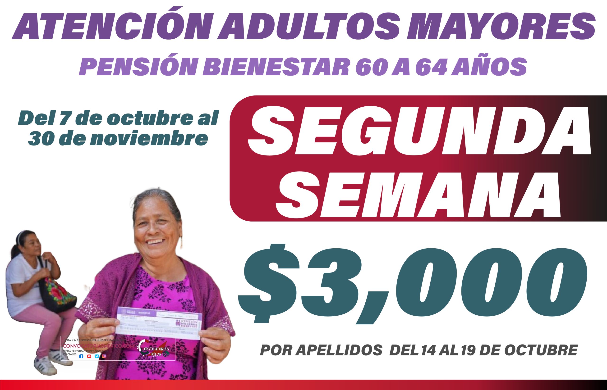 Segunda semana de $3,000 pesos para los adultos mayores de 60 a 64 años