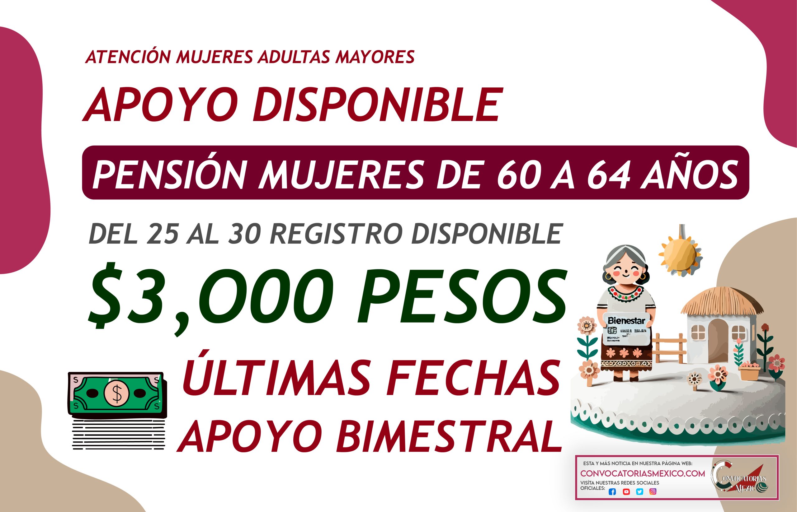 Del 25 al 30 apoyo de $3,000 pesos de la Pensión Mujeres Bienestar de 60 a 64 años de edad