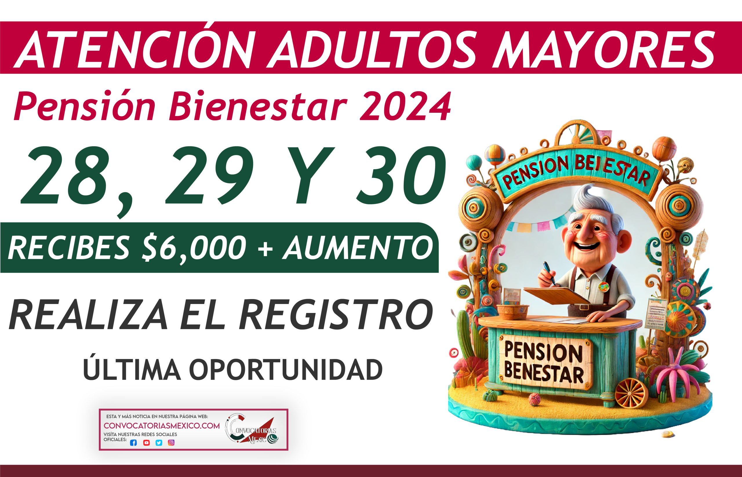 28, 29 y 30 de noviembre últimos días para recibien $6,000 pesos de la Pensión Bienestar 2024