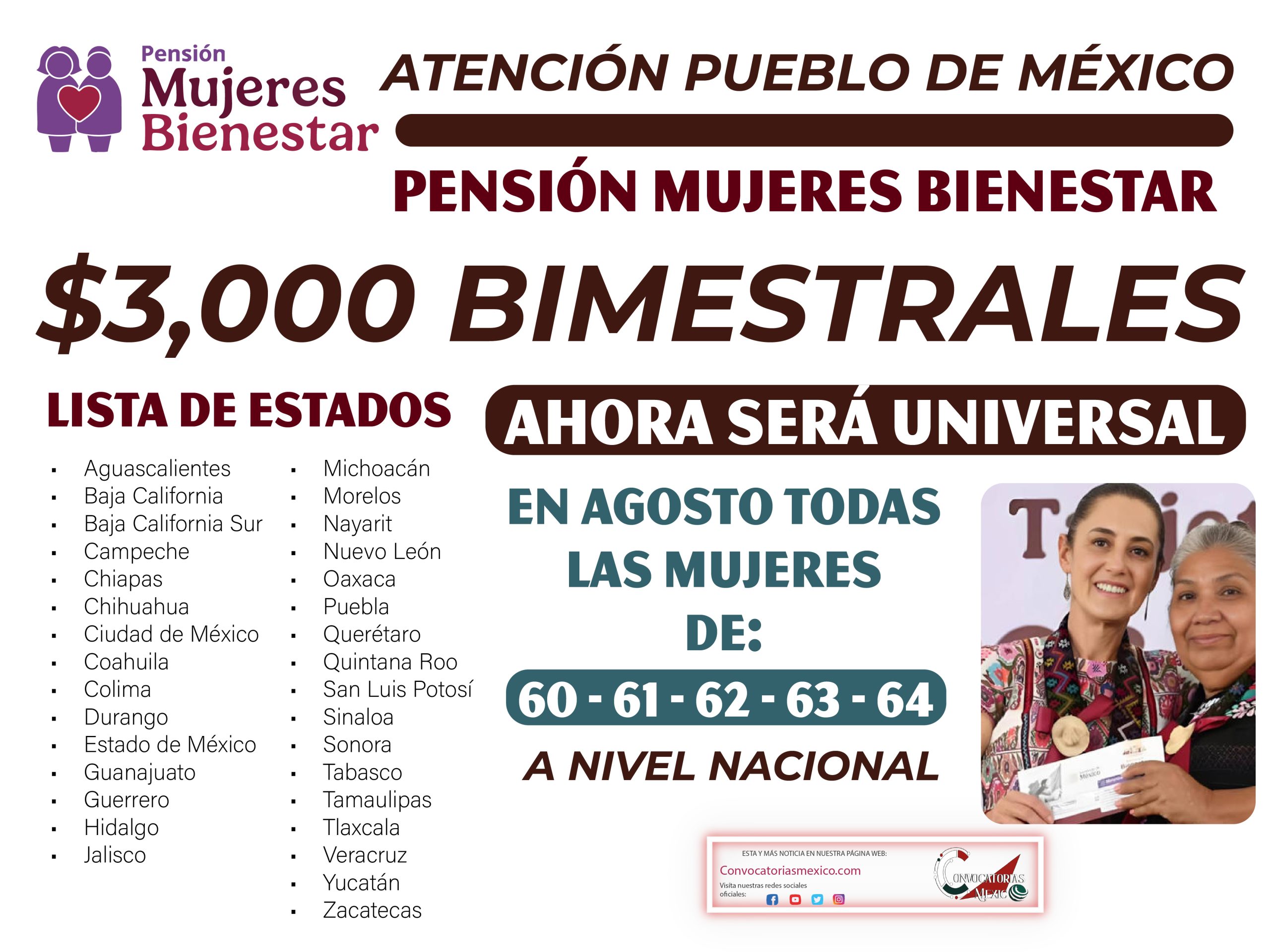 En agosto todas las mujeres de 60 a 64 años registro a la Pensión Mujeres Bienestar 2025