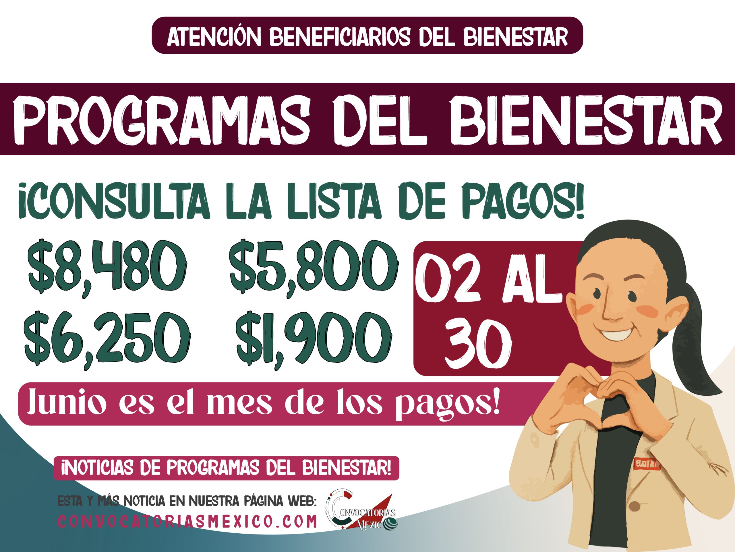 ¡EN JUNIO! $8,480 + $6,250 + $5,800 + $1,900 Pagos programados del bienestar 01 al 30 de junio